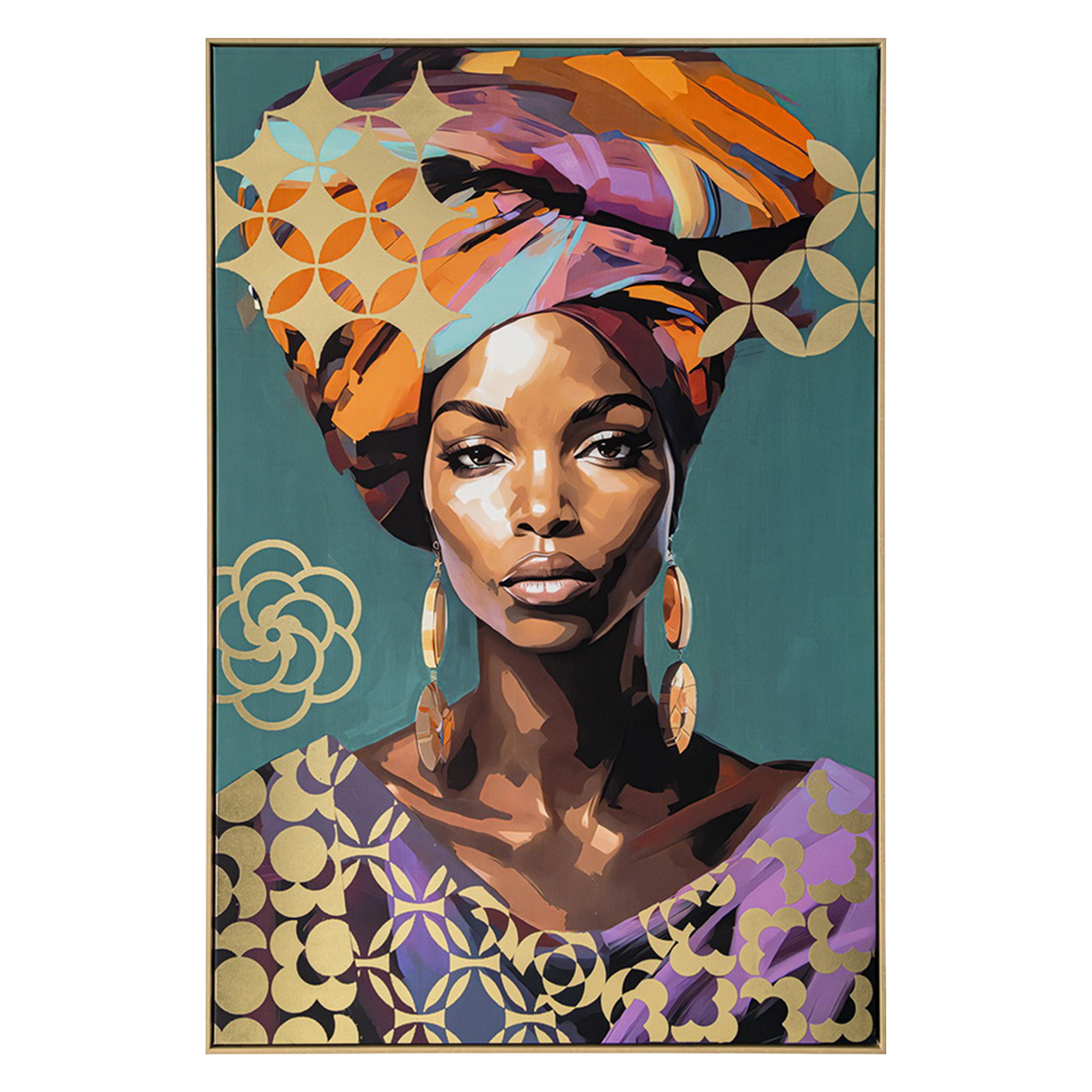 Urban Style Brushmarks Foiled Canvas African Woman Teal Wall Art - Handmade Home Decor for Living Room, Bedroom & Office