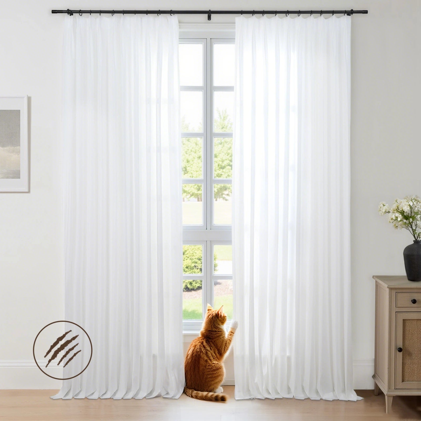 Bella Scratch-Resistant Pet-Friendly Sheer Pleated Curtains for Living Room & Bedroom - Light Filtering & Privacy Window Drapes