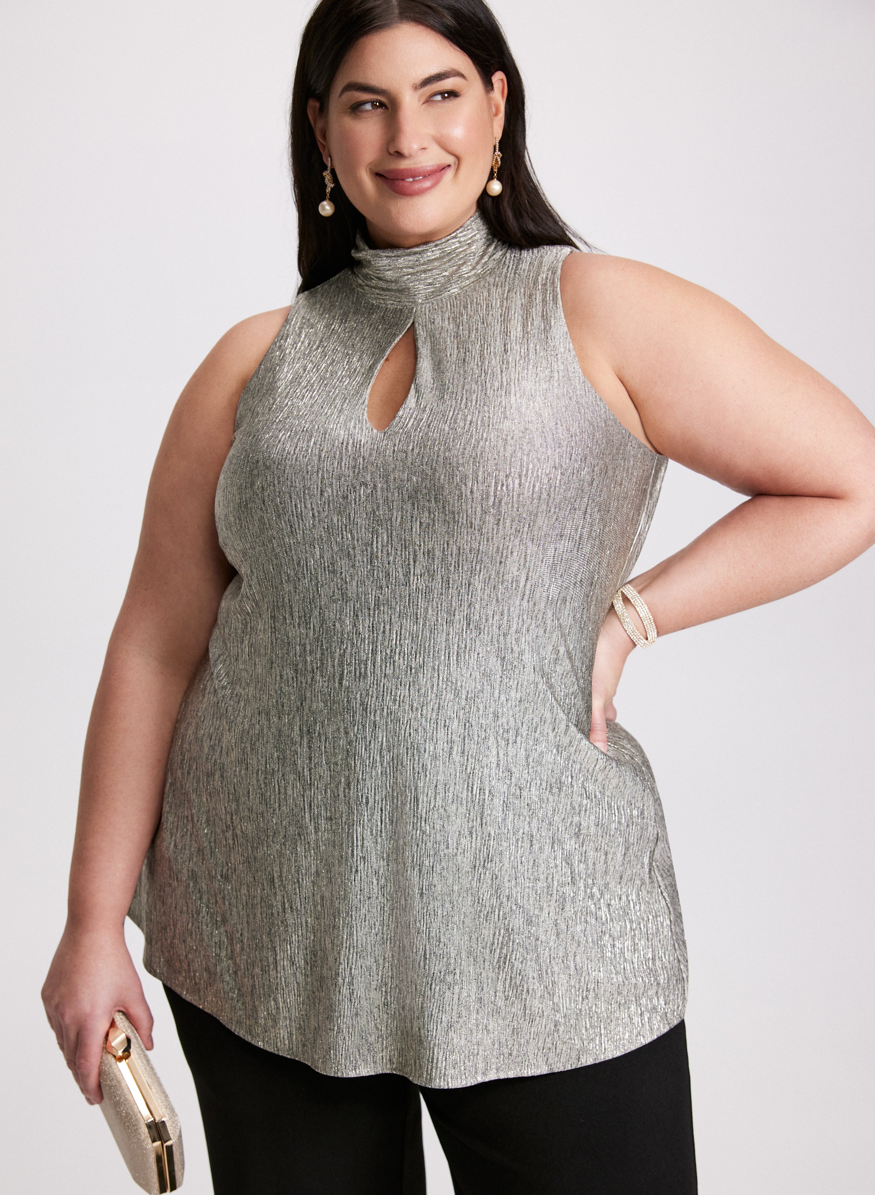 Stylish Crinkle Foil Knit Top for Women - Trendy Party & Casual Wear - Perfect for Night Out, Date Night & Office Outfits