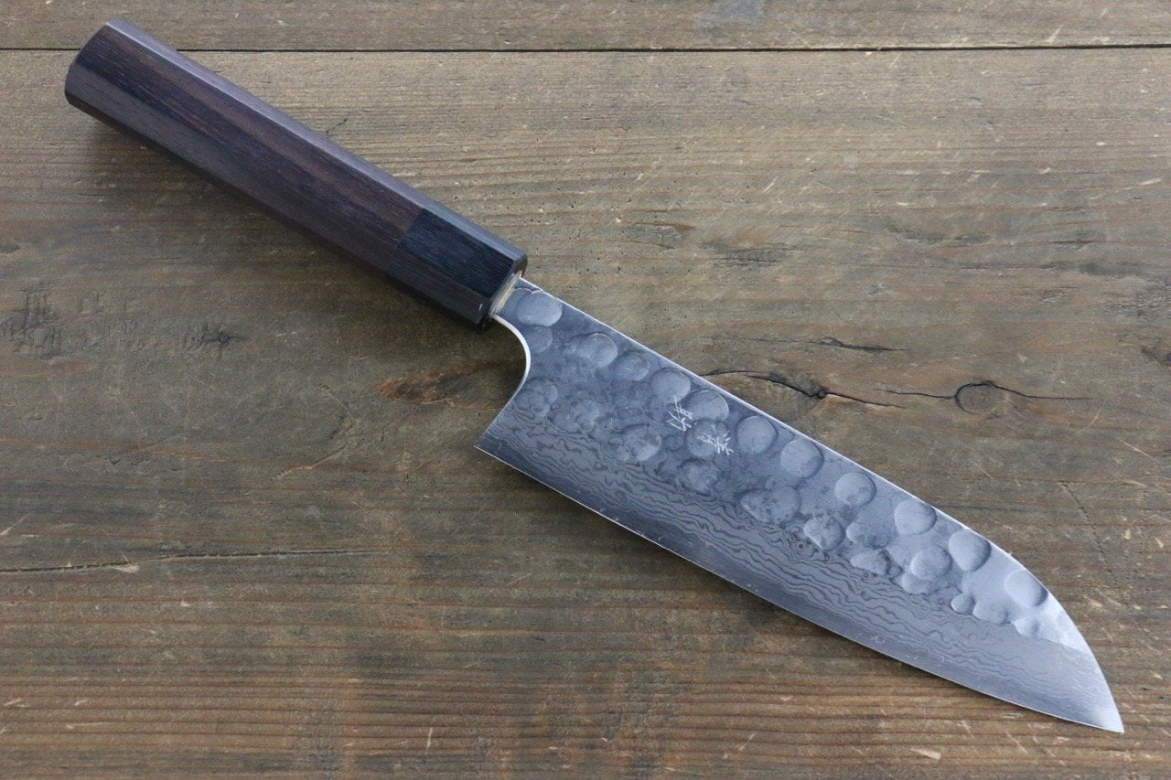 Premium Seisuke Blue Steel No.2 Hammered Damascus Santoku Knife 180mm - Japanese Chef Knife with Shitan Handle - Perfect for Slicing, Dicing & Chopping Vegetables, Meat & Fish