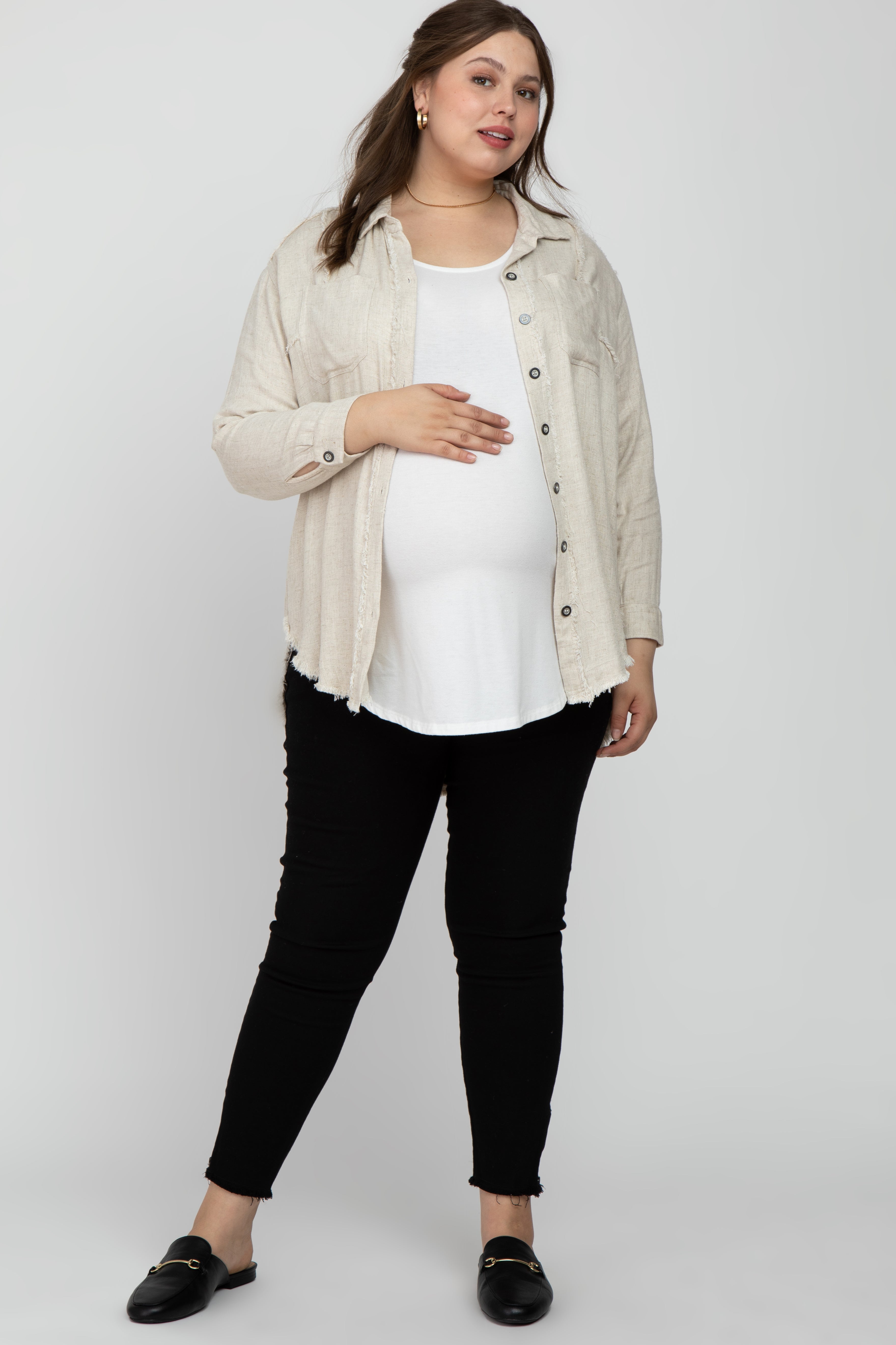 Beige Linen Fringe Hi-Low Button Up Maternity Plus Size Blouse for Pregnancy & Nursing | Comfortable Summer Casual Wear for Expecting Mothers