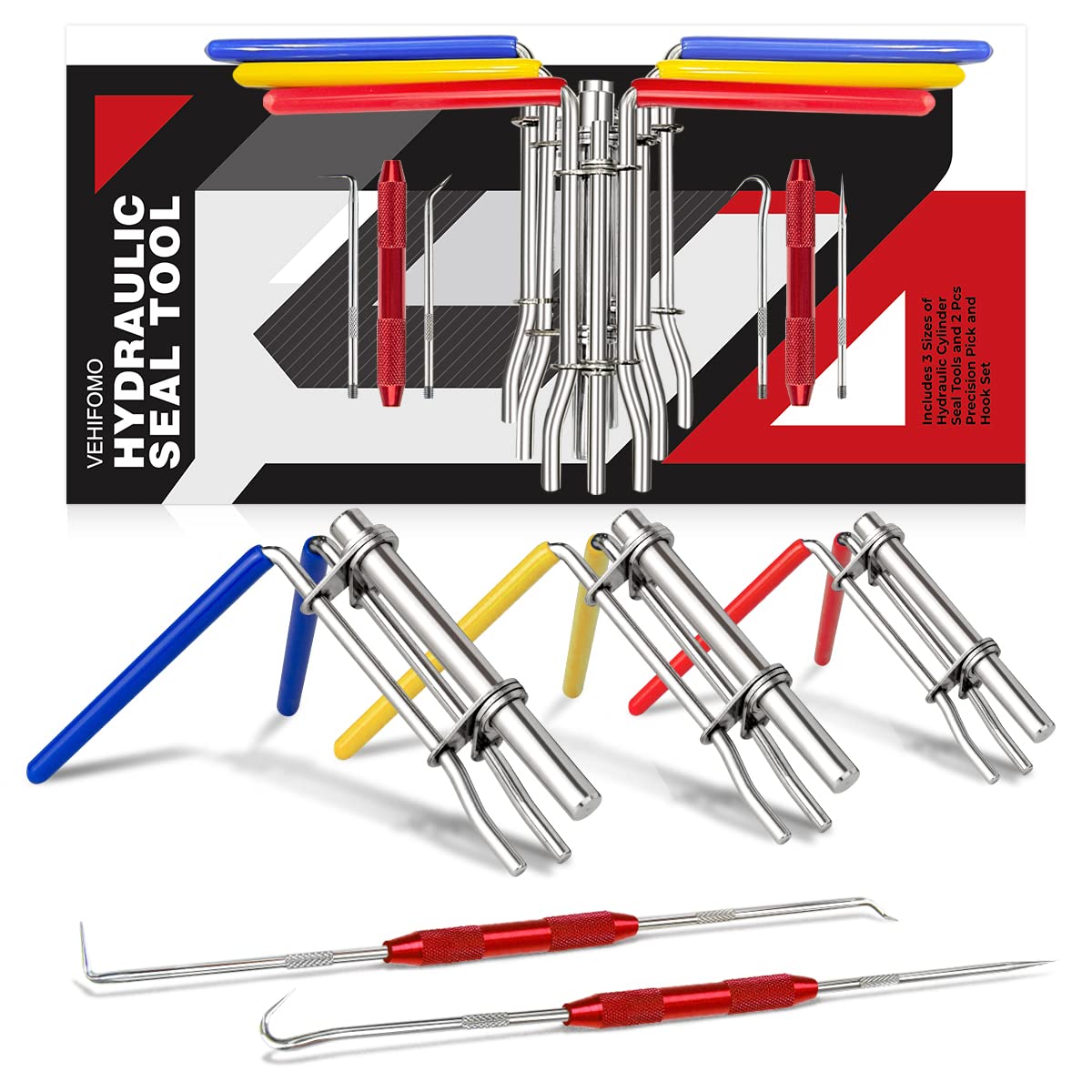 5 Pcs Hydraulic Seal Installation Tool Kit - Professional Hydraulic Cylinder Piston Repair Seal Tools with U-Cup Rod Seal Installer | Upgraded Seal Twistor Set with Pick & Hook | Perfect for Heavy Equipment Maintenance & Hydraulic System Repairs