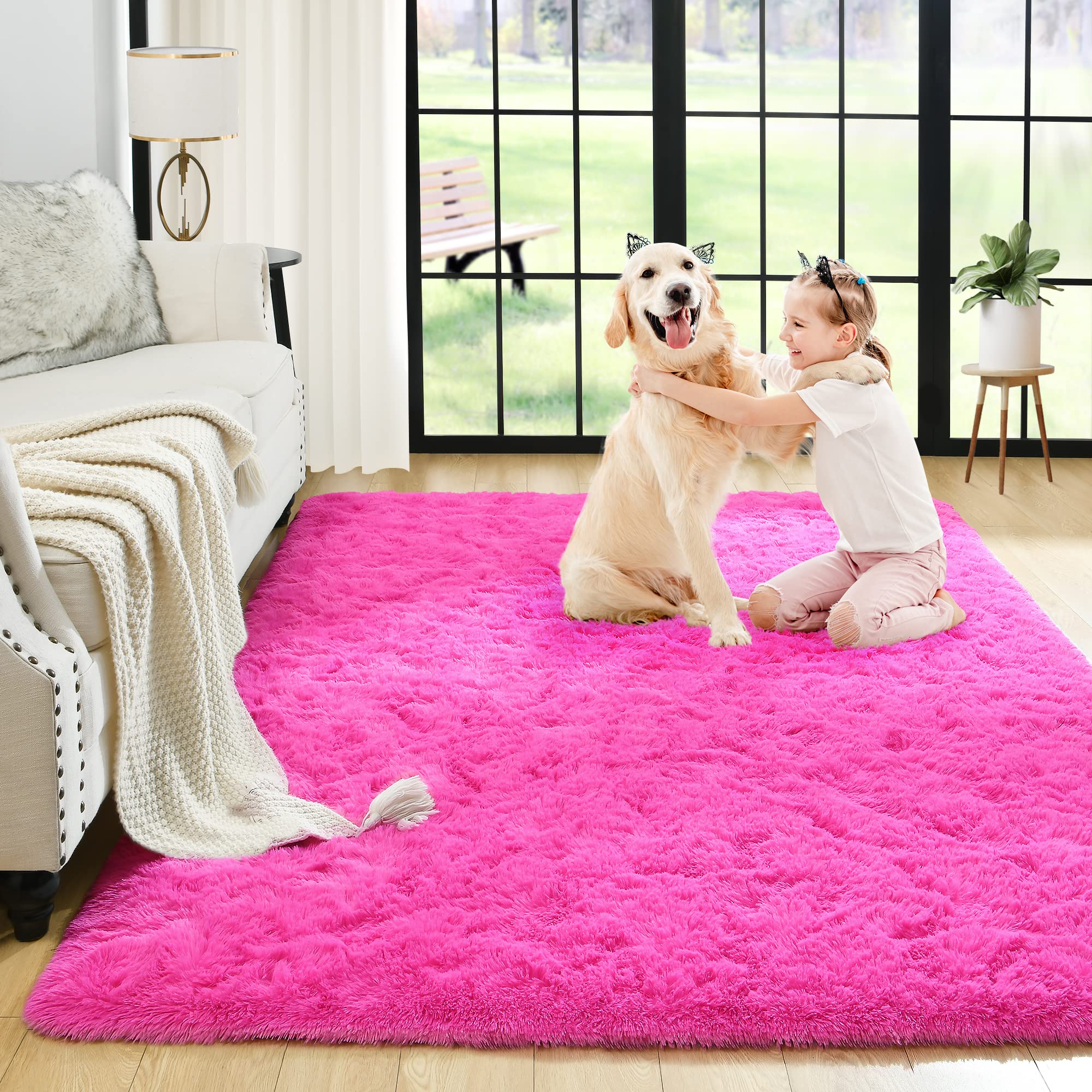 Noah's Fluffy Plush Fuzzy Rug for Kids Room, Living Room, Nursery - Soft Shaggy Furry Carpet for Modern Indoor Decor - Cute Boys & Girls Bedroom Rug (3x5 Feet, Hot Pink) - Perfect for Playrooms, Dorm Rooms & Cozy Spaces