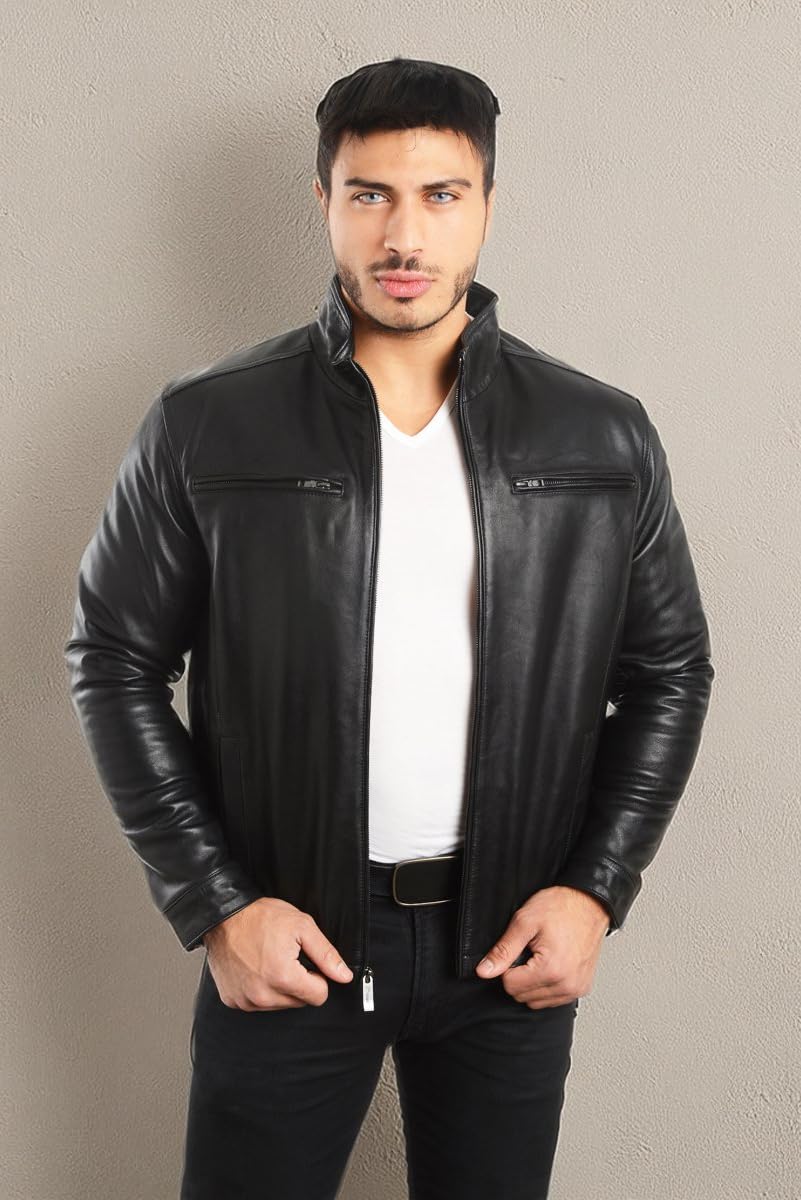 REED EST. 1950 Men's Genuine Lambskin Leather Jacket with Stand-Up Collar - Classic Vintage Biker Coat for Motorcycle Riding & Casual Outfits