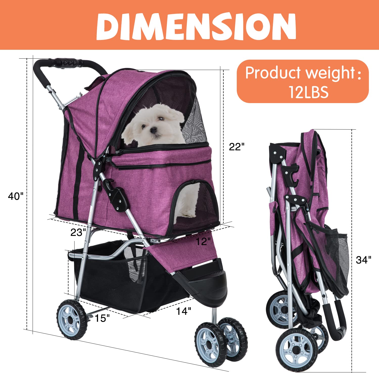 Lightweight Waterproof Dog Stroller for Small & Medium Dogs - Foldable Pet Travel Stroller with Storage Basket for Puppies & Cats | Perfect for Outdoor Walks, Vet Visits & Shopping Trips (Purple)
