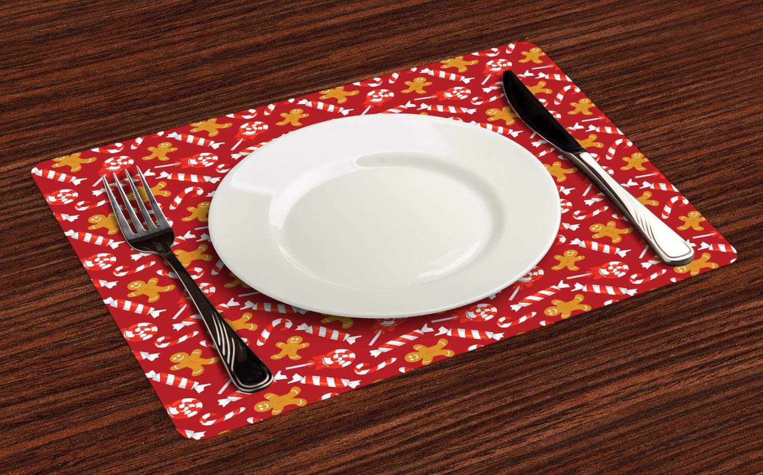 Lunarable Christmas Place Mats Set of 4 - Gingerbread Man & Candy Cane Design, Washable Fabric Dining Table Mats for Holiday Decor, Standard Size 12x18 Inches, Brown & Vermilion - Perfect for Christmas Dinner, New Year Party, and Festive Home Decor