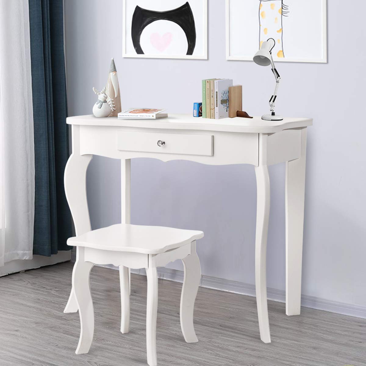 HOMGX White Wooden Kids Vanity Table Set with 180° Tri-Folding Mirror & Stool - Princess Makeup Dressing Table with Pull-Out Drawer for Little Girls | Perfect for Bedroom, Birthday Gifts & Pretend Play
