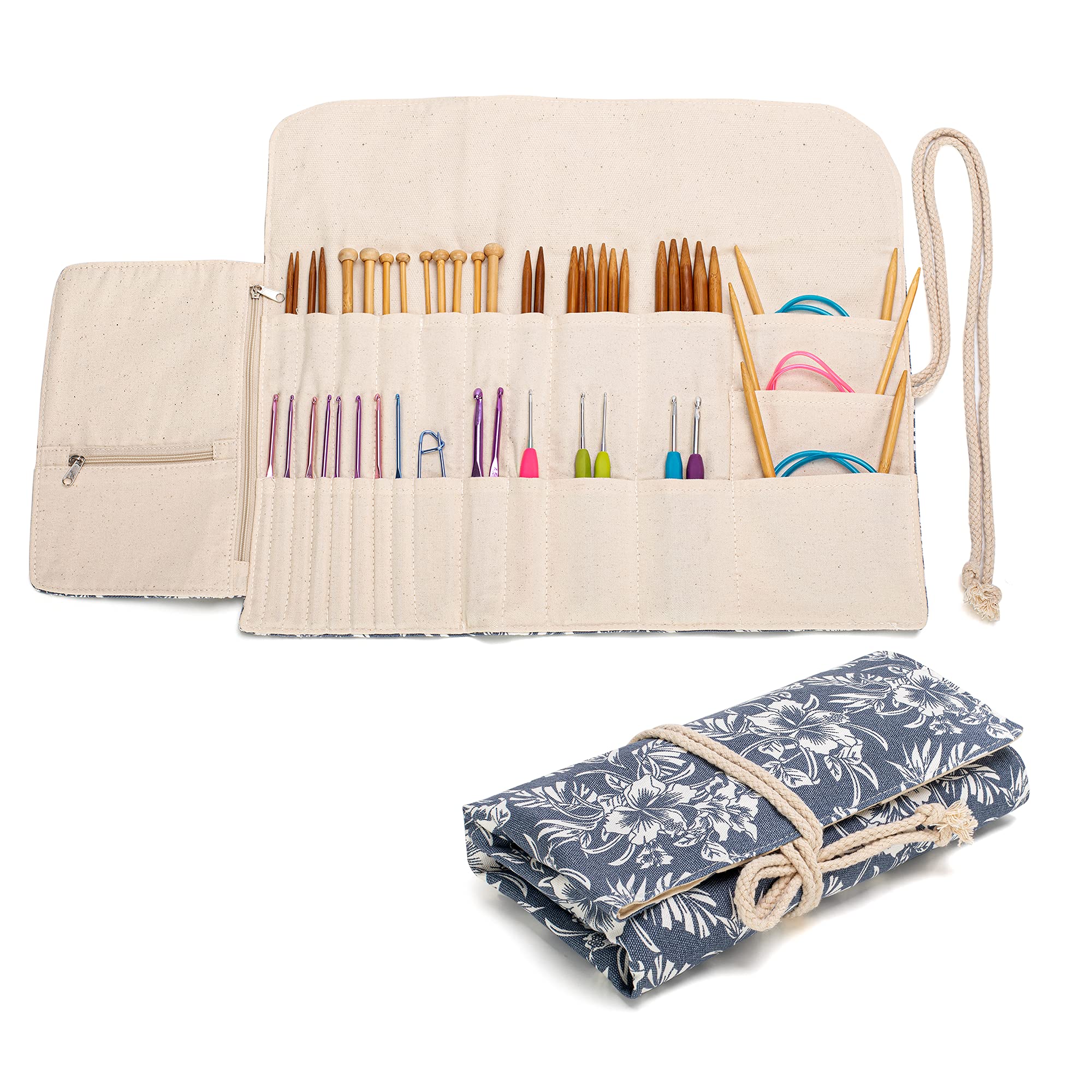 Teamoy Knitting Needles Holder Case (11 Inches) - Rolling Organizer for Straight & Circular Knitting Needles, Crochet Hooks & Accessories - Blue Floral Design - Perfect for Knitting Projects, Travel & Craft Storage