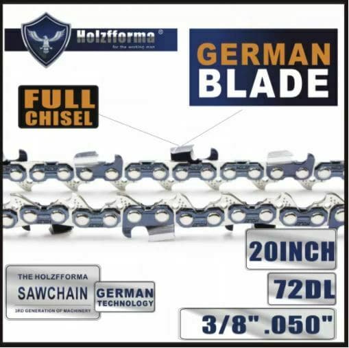 Holzfforma 20-Inch 3/8 .050 72DL Full Chisel Saw Chain - German Quality Chainsaw Blade Compatible with Stihl, Husqvarna, Echo - Perfect for Tree Cutting, Firewood Processing, and Professional Forestry Work