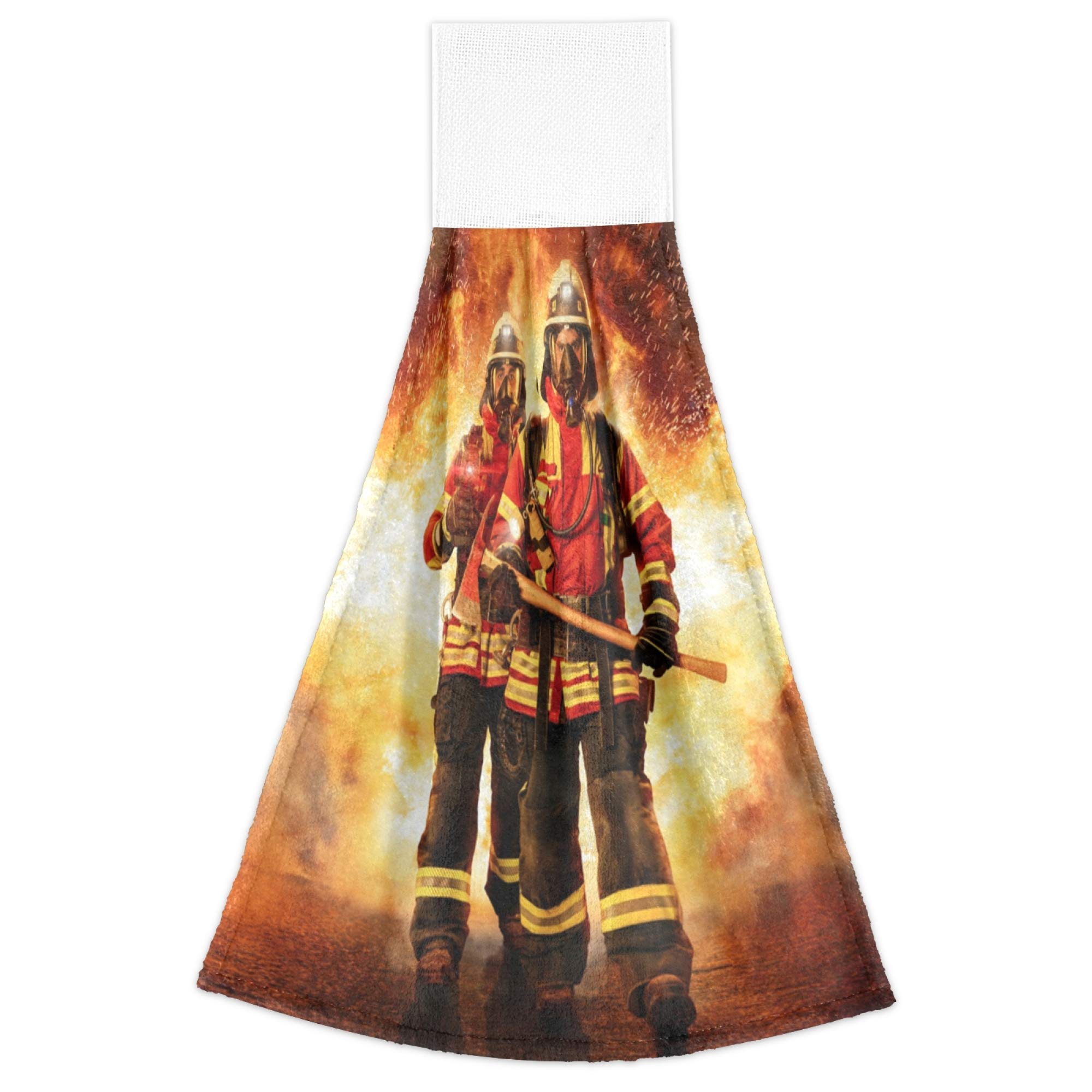 Firefighter Fireman Flame Sparkle Kitchen Hand Towels - Set of 2 Absorbent Hanging Towels with Hook & Loop for Bathroom, Kitchen, and Camping Use