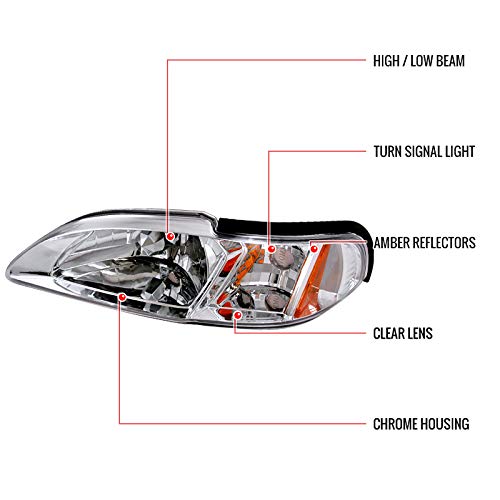 1994-1998 Ford Mustang Replacement Headlights - Clear One Piece 2-in-1 Headlight & Corner Lamps Combo - Perfect for Restoration Projects & Night Driving Safety