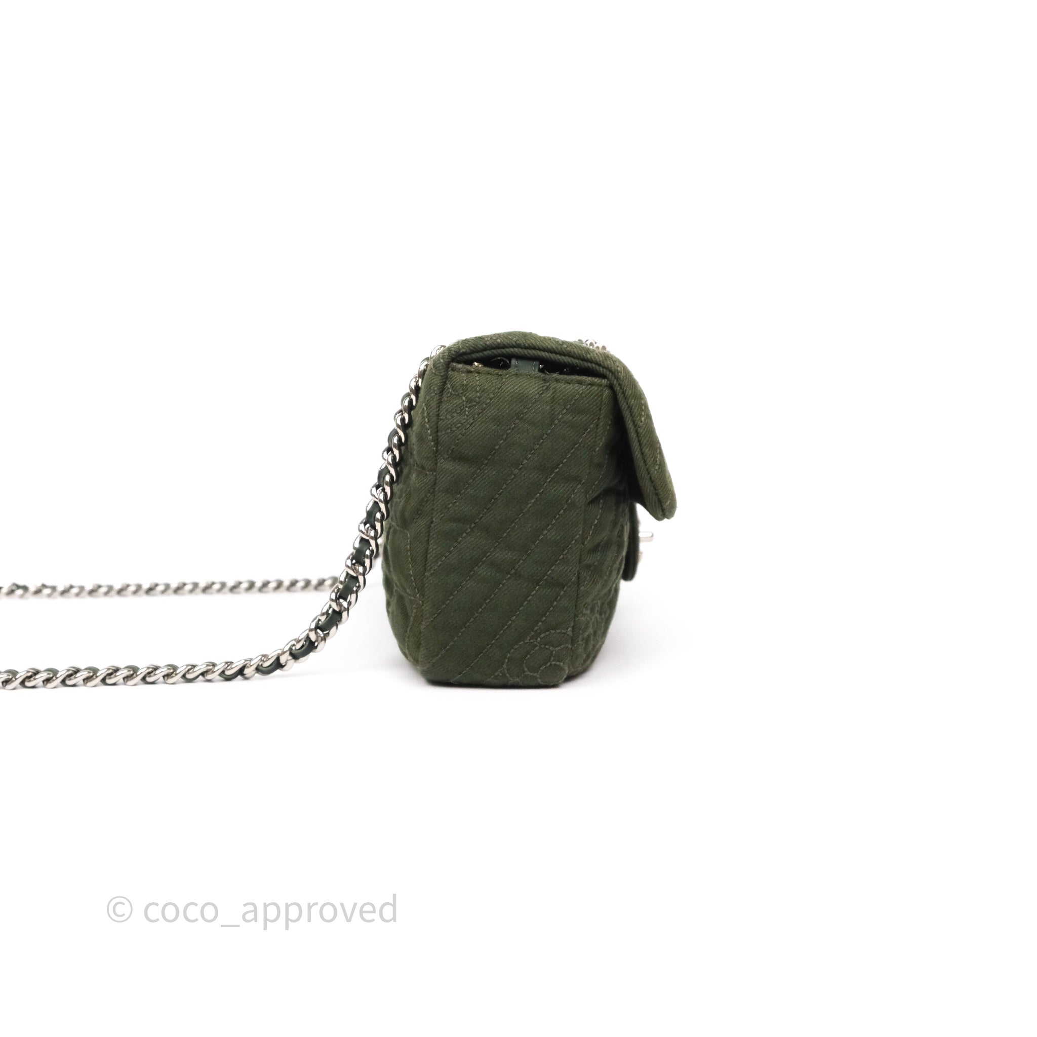 Chanel Camellia Flap Bag in Army Green Denim with Silver Hardware - Luxury Crossbody Purse for Women, Perfect for Date Night & Special Occasions