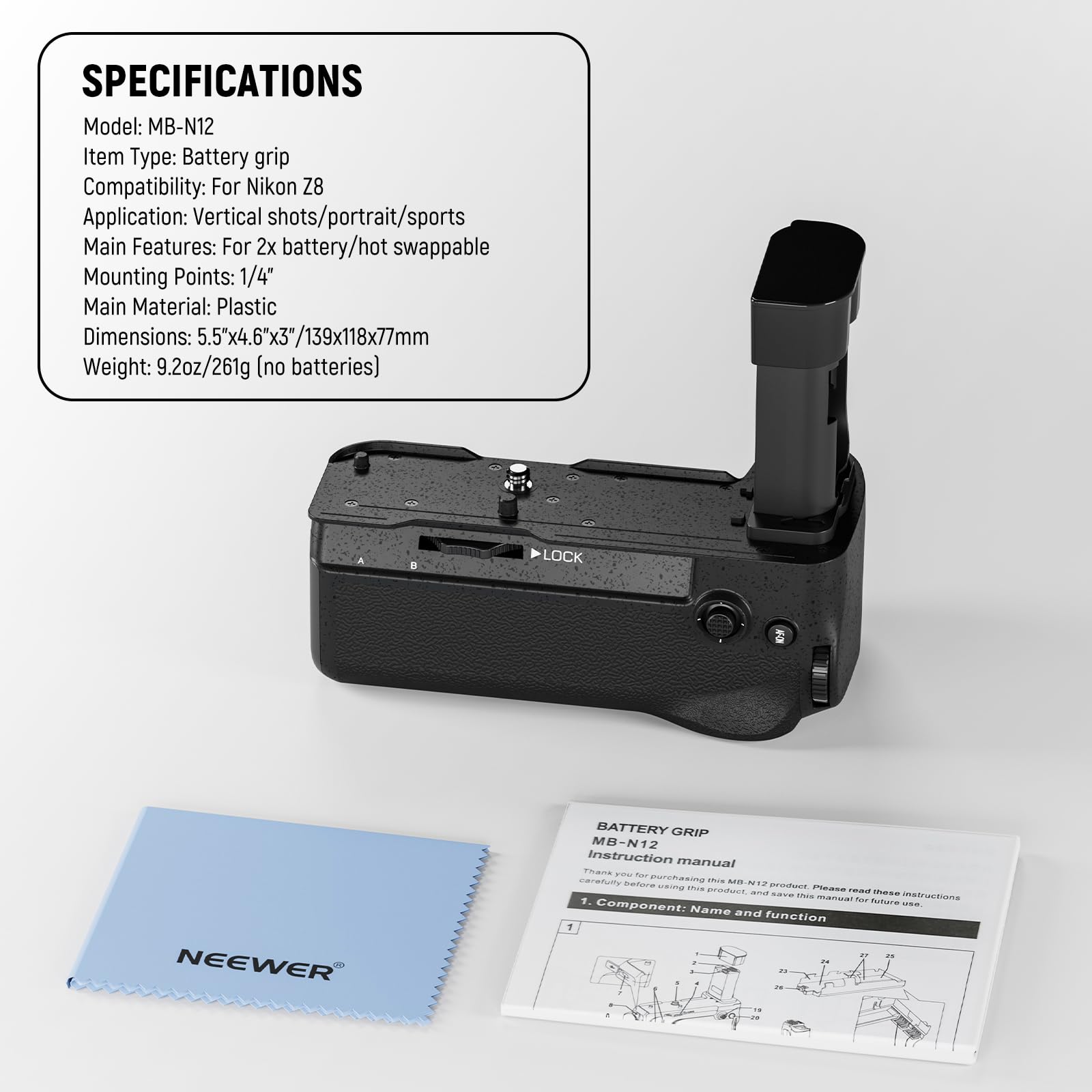 NEEWER MB-N12 Vertical Battery Grip for Nikon Z8 Camera | Hot Swappable Dual EN-EL15c Battery Holder | 1/4