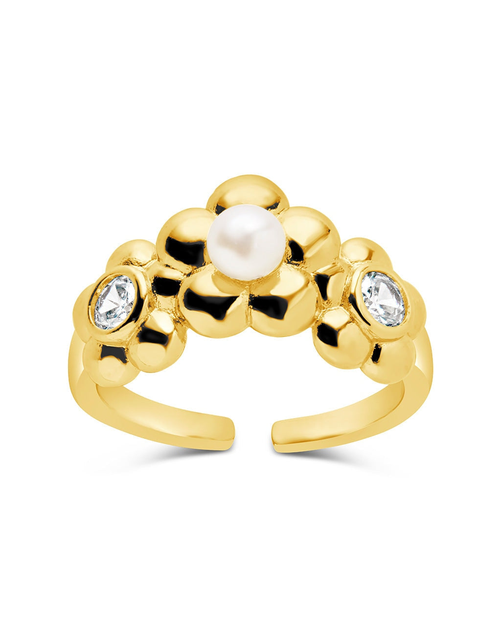 June CZ & Pearl Blossom Open Band Ring - Elegant Adjustable Flower Ring for Women, Perfect for Weddings, Parties & Everyday Wear