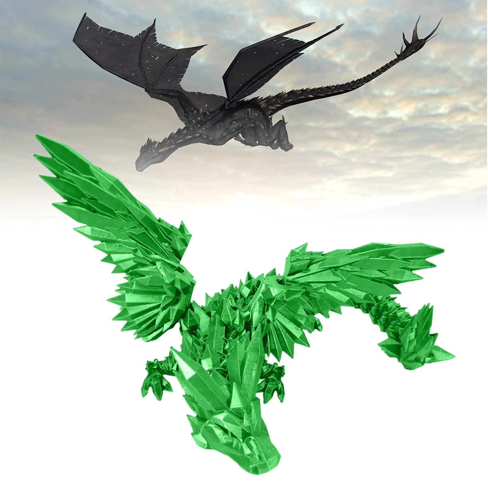 3D Printed Dragon Action Figure - Flying Diamond Dragon with Movable Joints & Wings - 13.8 Inch Collectible Monster Toy for Adults - God of Life Green Edition - Perfect for Stress Relief, Anxiety Relief & Fantasy Collectors Display