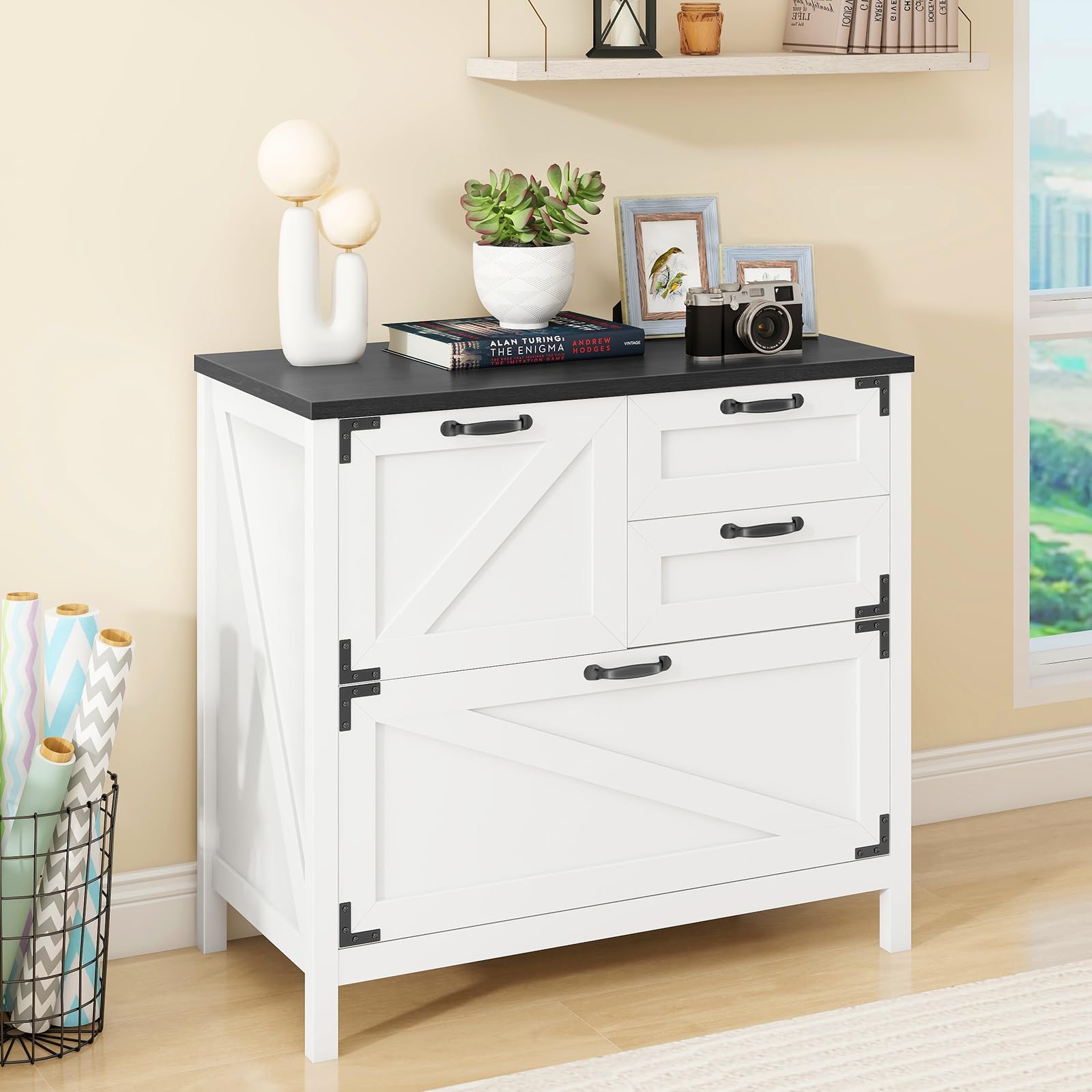 4-Drawer Farmhouse Lateral File Cabinet for Letter/Legal/A4 Files - Wooden Office Storage Cabinet with Hanging File System, Printer Stand for Home & Office (White/Black) - Perfect for Document Organization & Workspace Storage