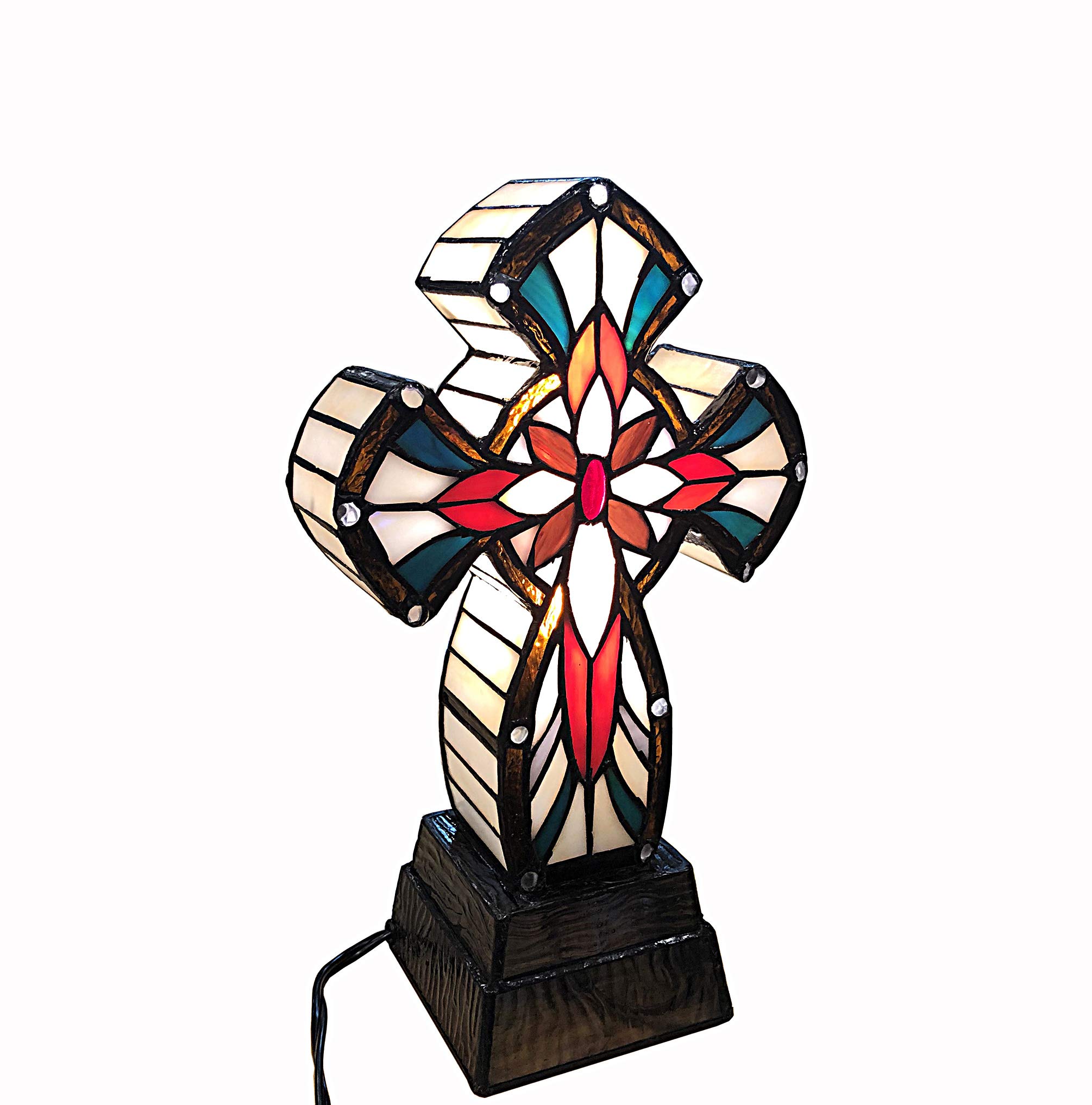 FixtureDisplays Tiffany Style Lighted Cross Tabletop Decor - Stainless Steel & Glass Christian Gift with LED Lamp (7.5