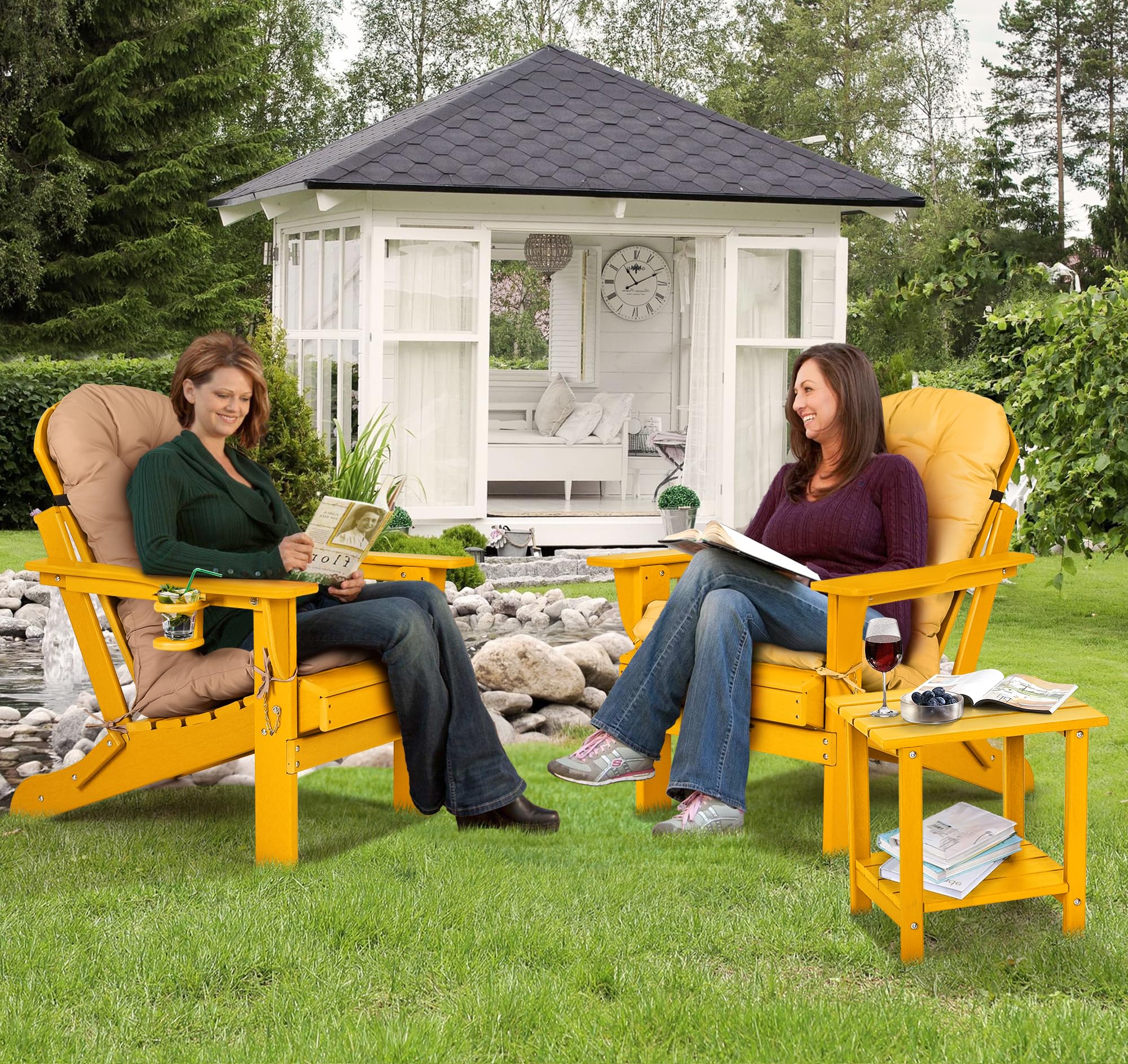 nalone Folding Adirondack Chairs Set of 2 with Cushion & Cup Holder - HDPE Plastic Oversized Patio Chairs, Weather Resistant Outdoor Furniture for Garden, Deck, Fire Pit, Camping & Backyard Relaxation (Orange)