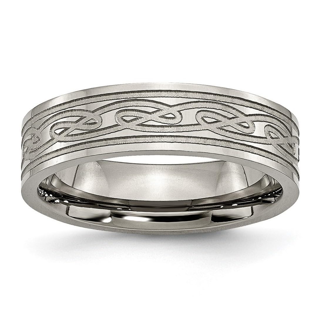 Titanium Celtic Knot Ring - 6mm Satin Polished Flat Band Ring for Women & Men | Laser Etched Wedding Band, Anniversary Gift, Unisex Jewelry for Everyday Wear