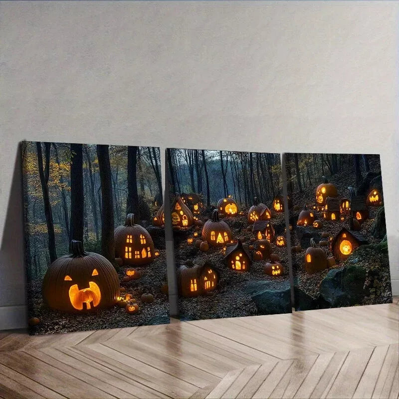 3-Piece Pumpkin Village in Forest Wall Art Set - Framed Canvas 50x70cm | High Quality Print | Australian Made | Ready to Hang | Perfect for Living Room, Bedroom & Office Decor
