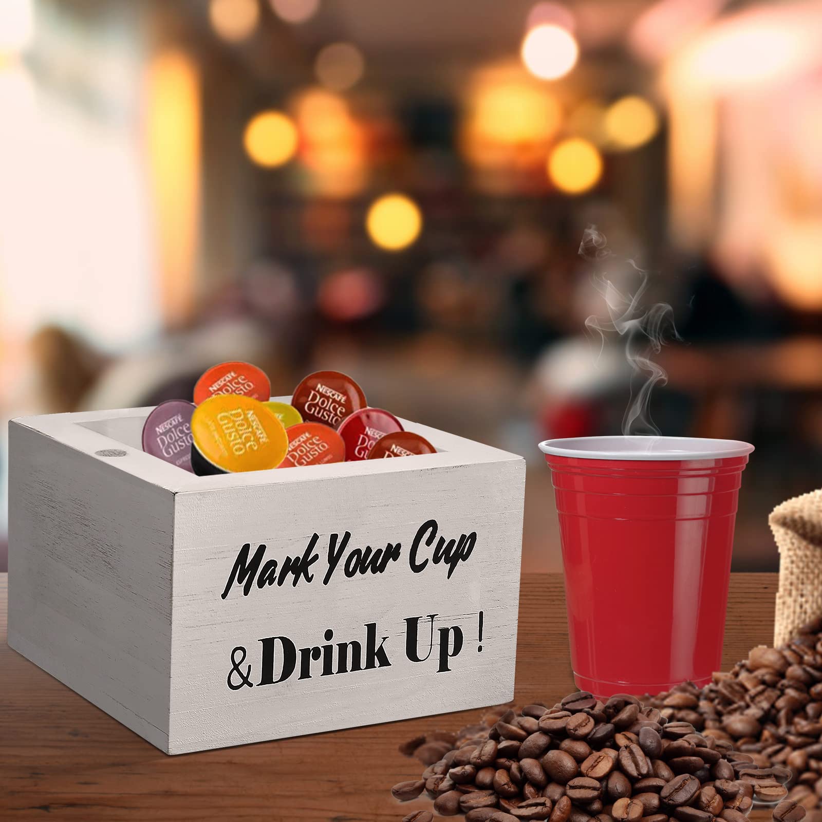 Rustic Wooden Cup Holder with Marker Slot - Disposable Party & Wedding Cup Holder for Bar, Kitchen, Countertop, Home & Office - Perfect for Events, Gatherings, and Daily Use (White)
