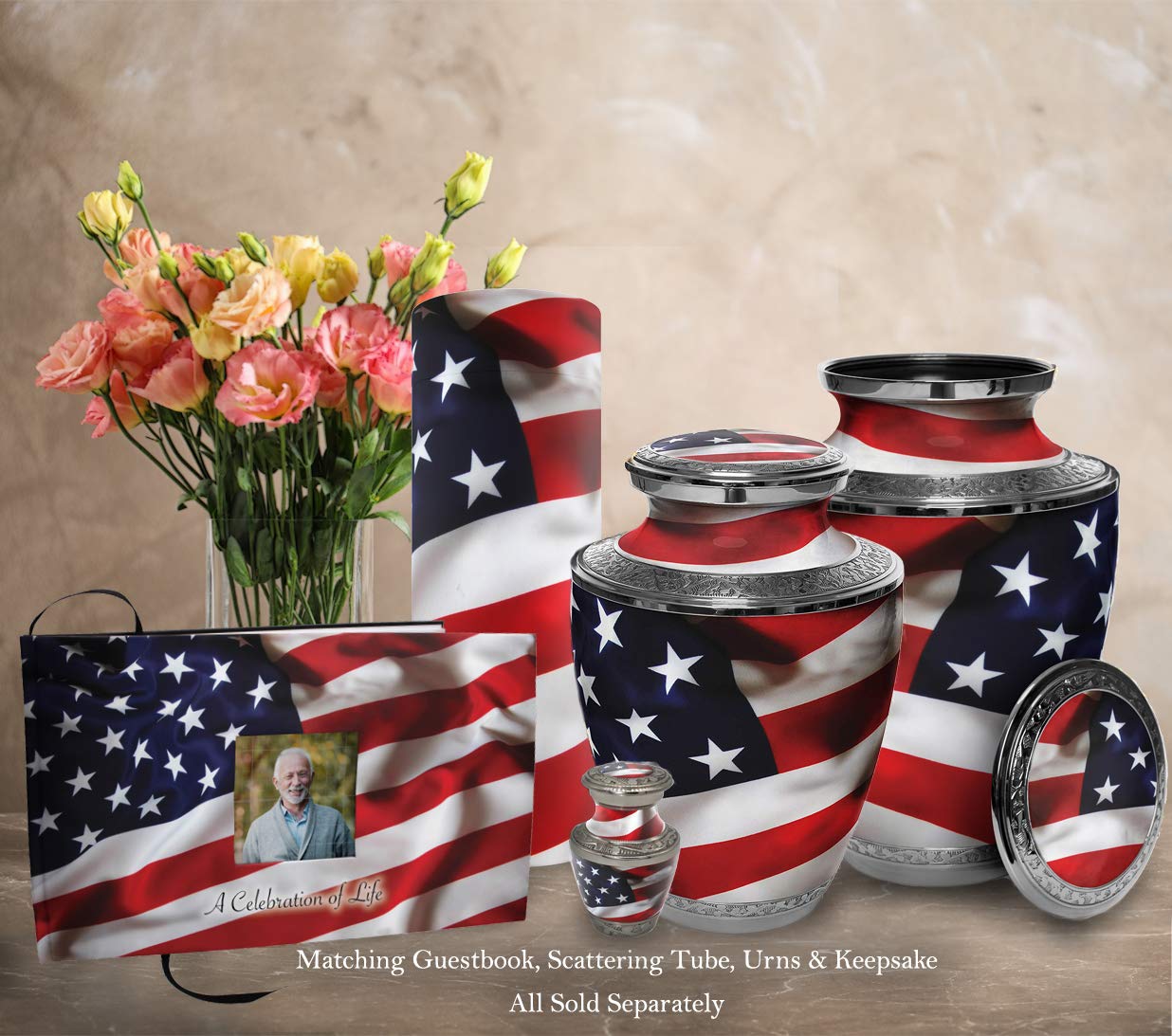 Patriotic American Flag Cremation Urns for Veterans - Memorial Keepsake & Celebration of Life Funeral Guest Book - Perfect for Memorial Services, Military Honors, and Home Decor