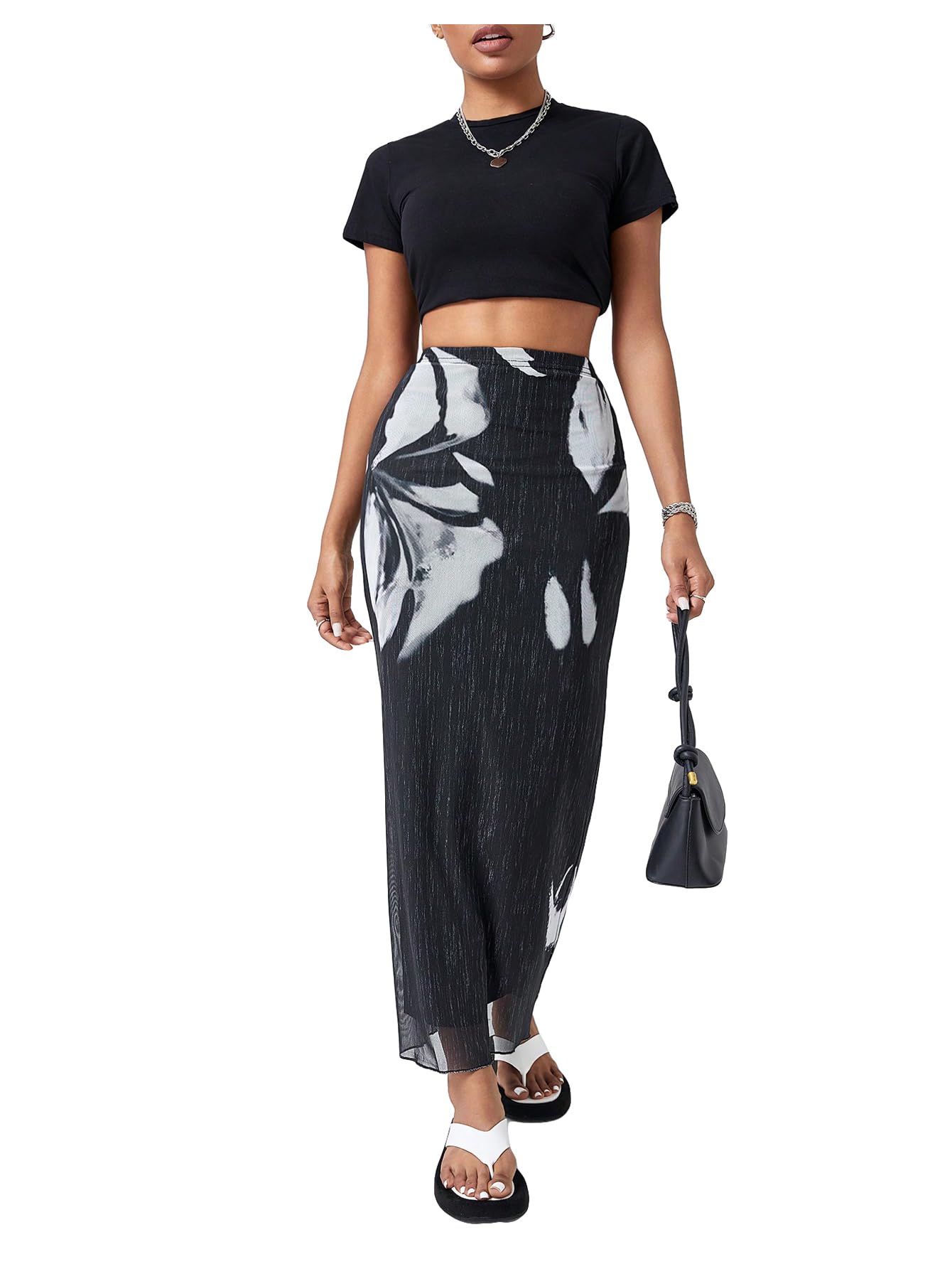 MakeMeChic Women's Y2K High Waist Graphic Print Mesh Pencil Maxi Skirt - Trendy Long Skirt for Party, Club, Date Night & Casual Outfits