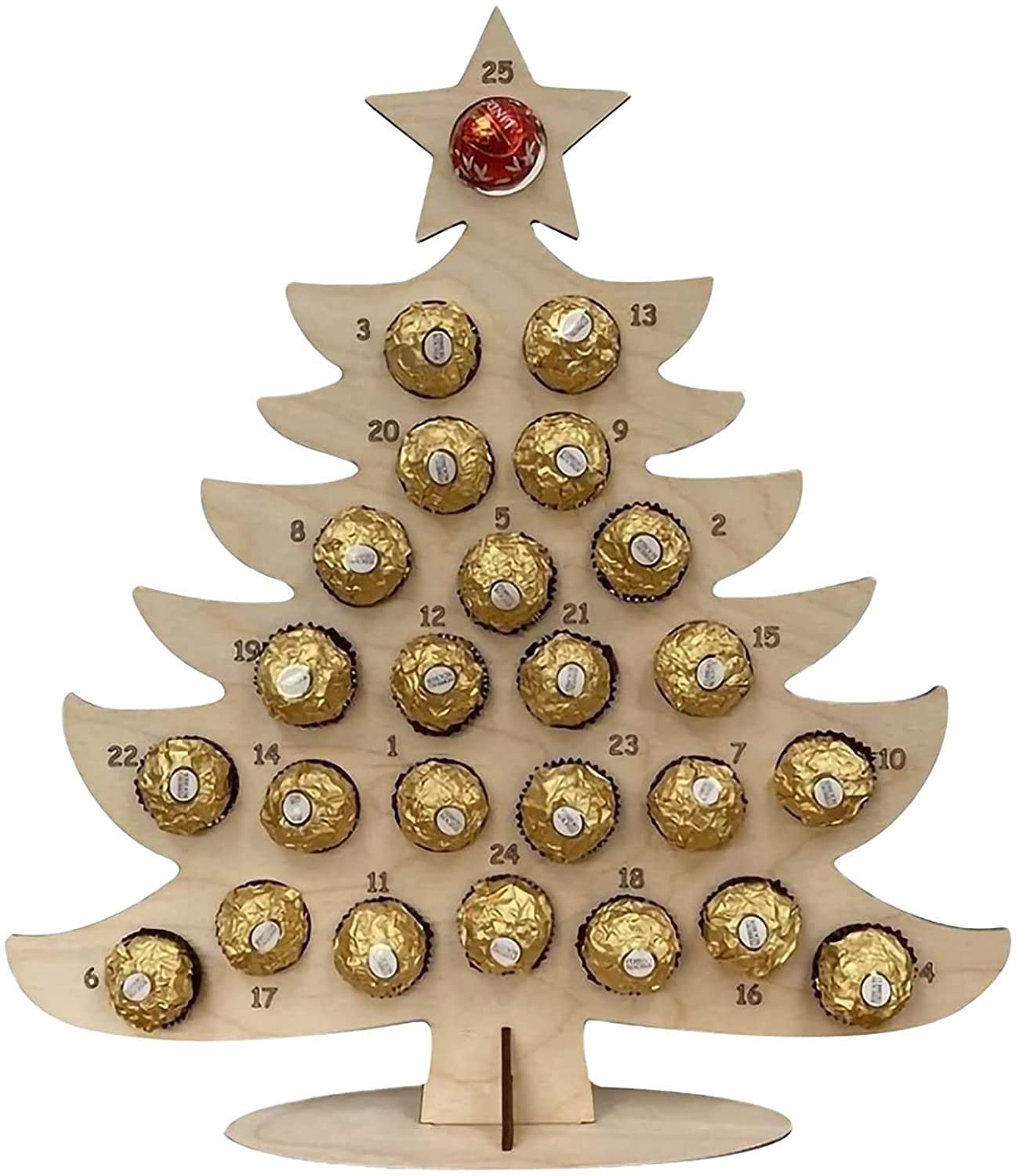 Wooden Christmas Countdown Calendar with Hollow Out Christmas Tree Design - Elk Chocolate Stand Holder for Holiday Home Decor - Perfect for Christmas Countdown, Gift Display & Festive Table Centerpiece