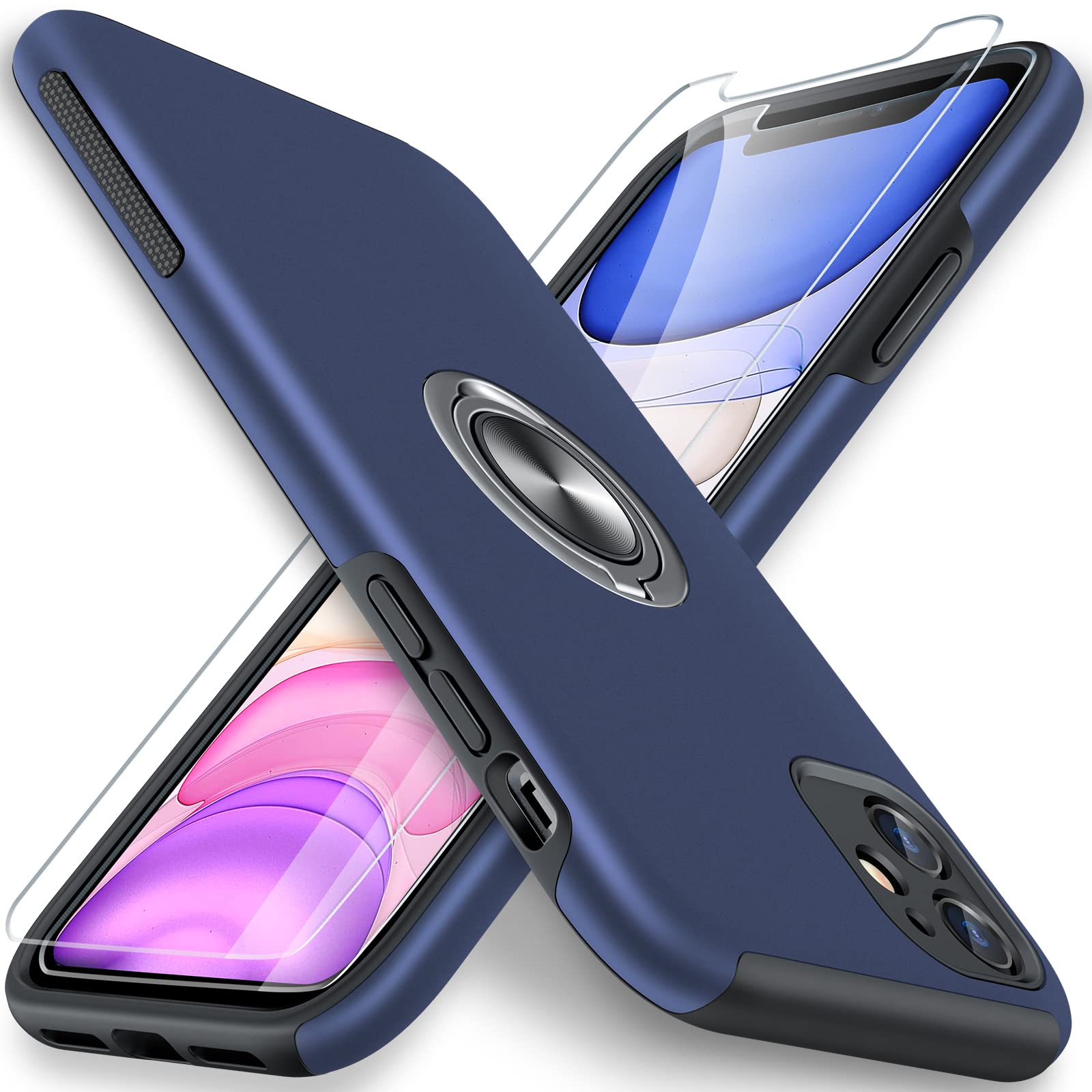 **JAME iPhone 11 Case [2 Pack] with Tempered Glass Screen Protector – Slim Soft Bumper Cover with Invisible Ring Holder & Kickstand – Blue – Perfect for Work, Travel & Everyday Protection**