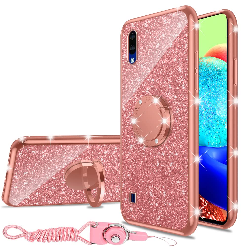 Cute Rhinestone Glitter Luxury TPU Phone Case for ZTE Blade A5 2020 - Shockproof Protective Cover with Ring Kickstand & Strap - Rose Gold - Perfect for Women & Girls, Ideal for Everyday Use, Work, and Travel