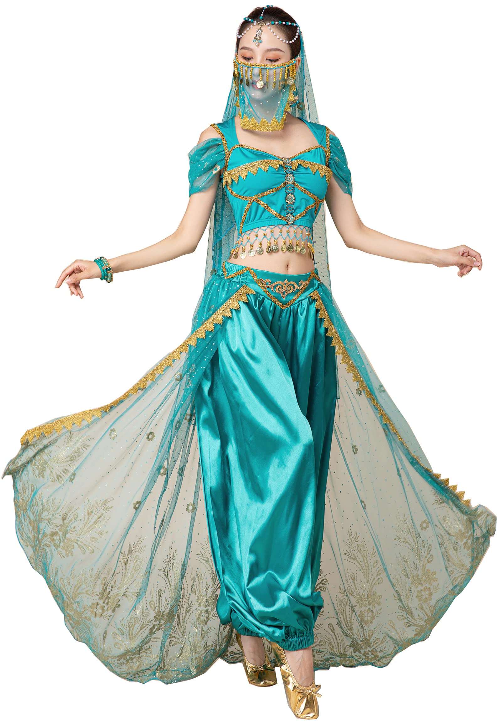 Women's Aladdin Jasmine Princess Belly Dance Costume Set - 5 Piece Halloween Outfit for Dress Up Party, Cosplay & Arabian Nights Theme Events