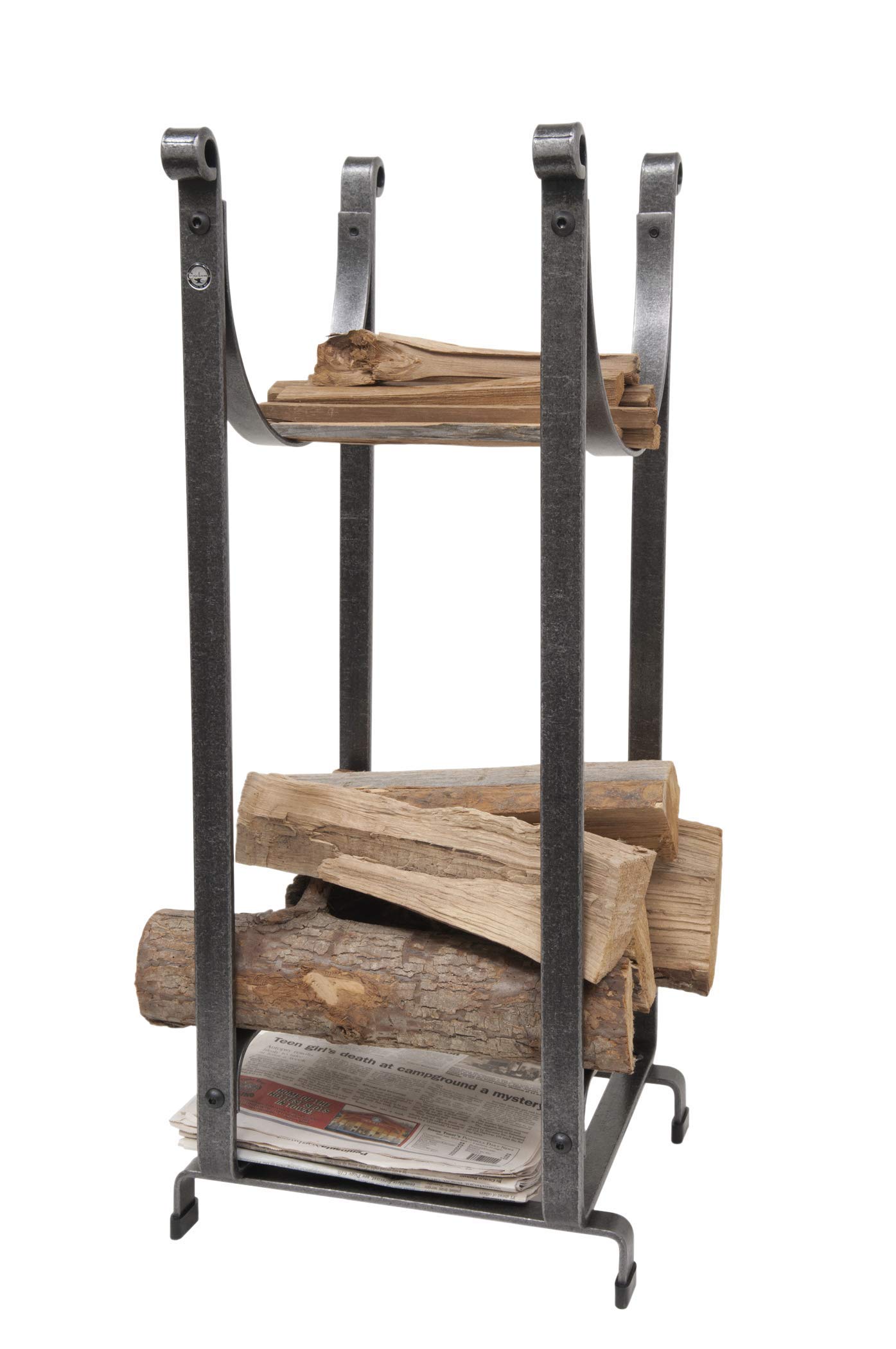 Handcrafted Hammered Steel Fireplace Log Rack with Newspaper Holder - Rustic Sling Design for Firewood Storage - Perfect for Living Room, Cabin, or Outdoor Fire Pit Use