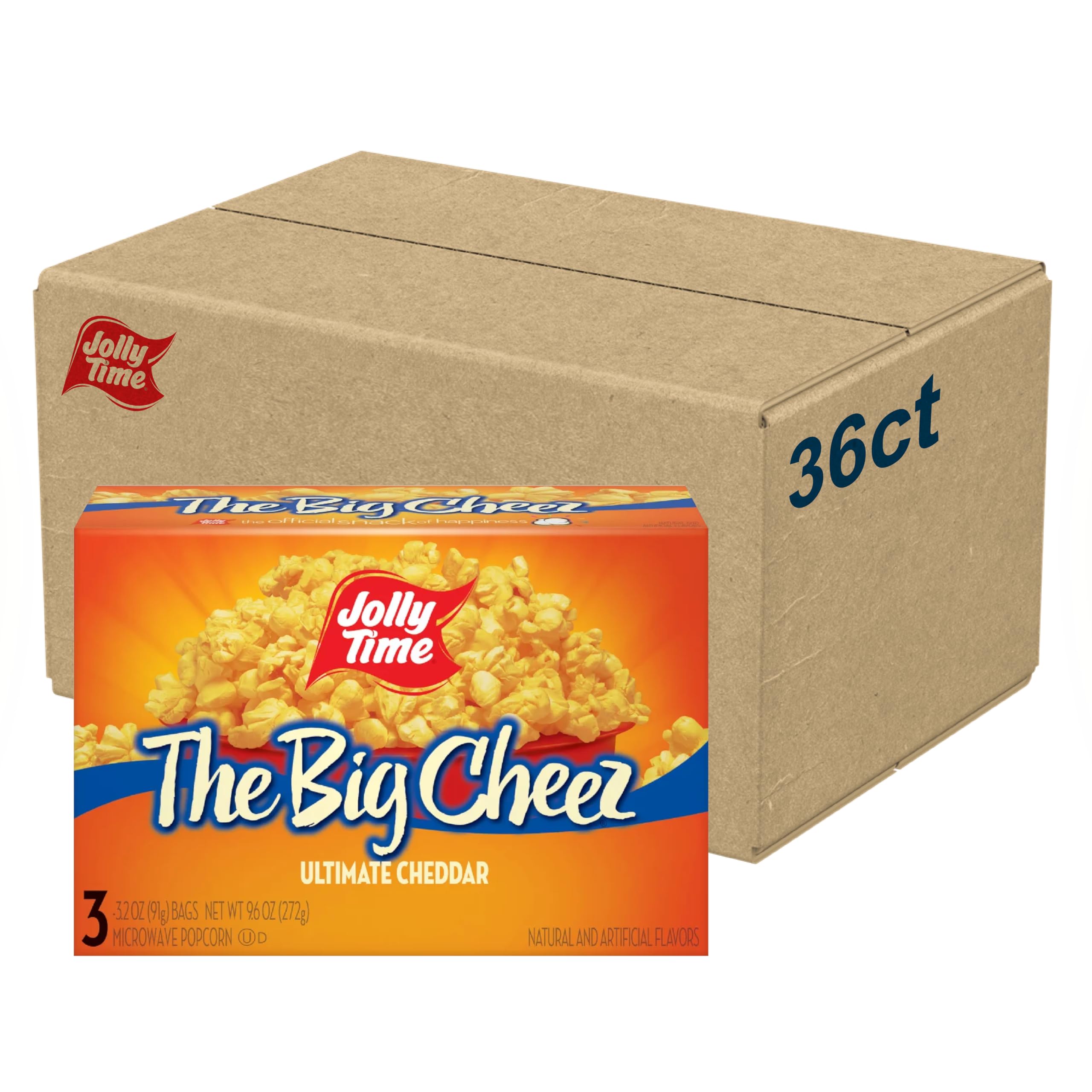 Jolly Time The Big Cheez Cheddar Cheese Microwave Popcorn - 3.2oz Sharing Size (Pack of 36) - Perfect for Movie Nights, Parties & Snacking at Home
