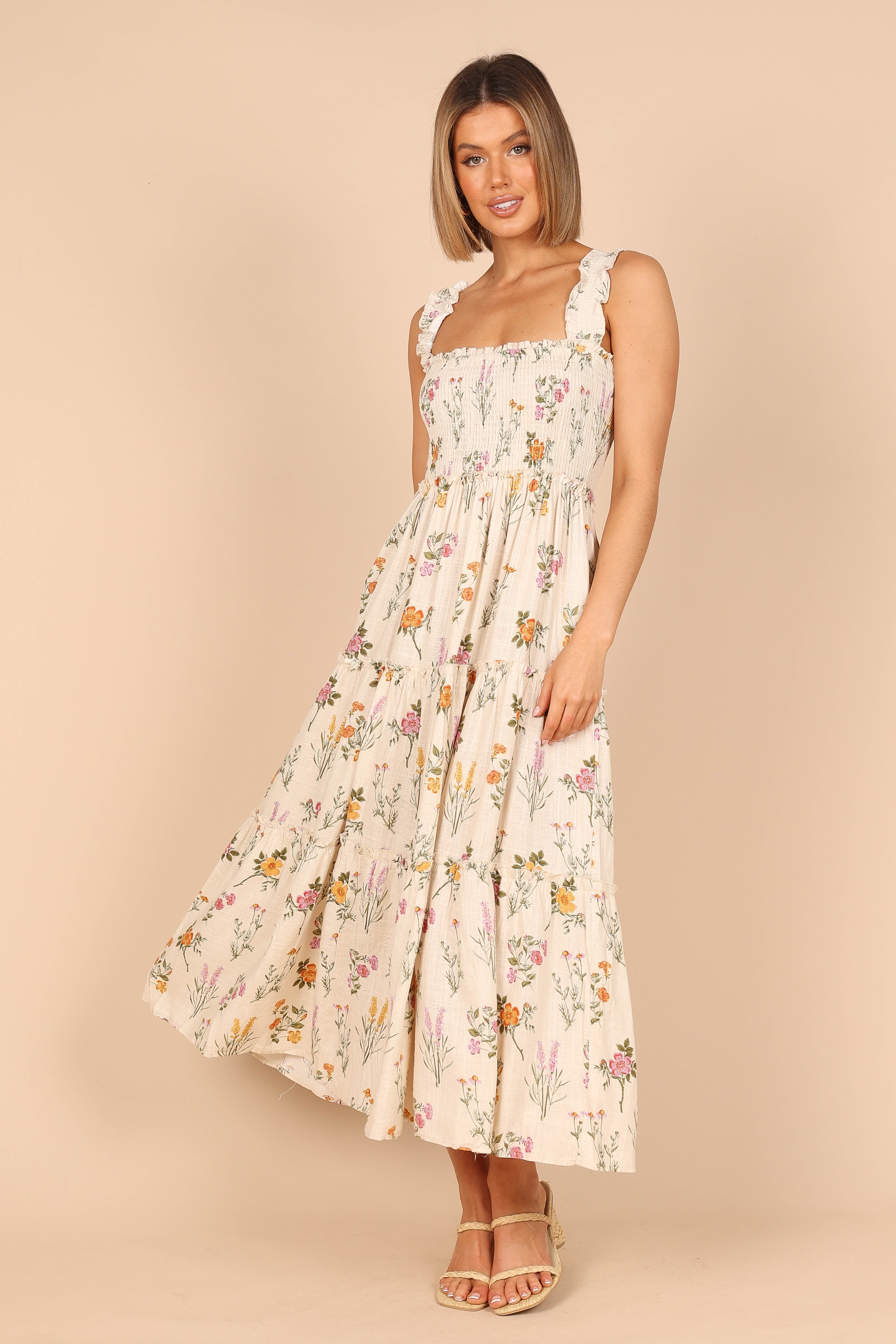 August Shirred Maxi Dress - Beige Floral Print Summer Dress for Women | Perfect for Beach Vacations, Date Nights & Casual Outings