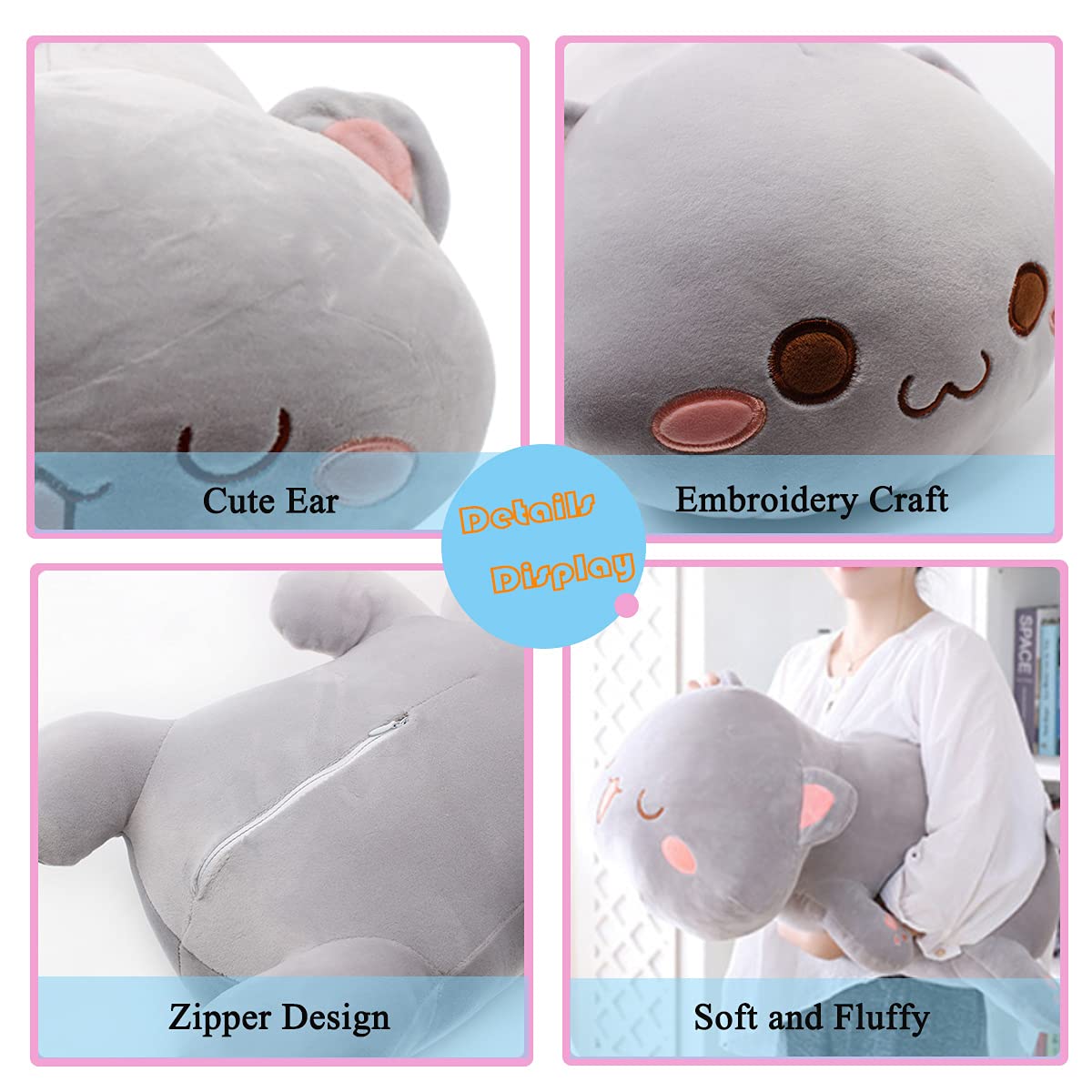 Soft Anime Kitten Plush Toy - 25.5 Inch Gray Squinting Eyes Stuffed Animal, Cute Hugging Pillow for Kids & Cat Lovers | Perfect for Bedroom Decor, Gift Giving, and Stress Relief