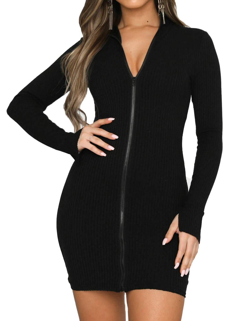 HZSONNE Women's Slim Fit V-Neck Long Sleeve Bodycon Dress with Zip Down - Sexy Mini Party Dress, Waffle Knit Fabric for Night Out, Clubwear, Date Night & Special Occasions
