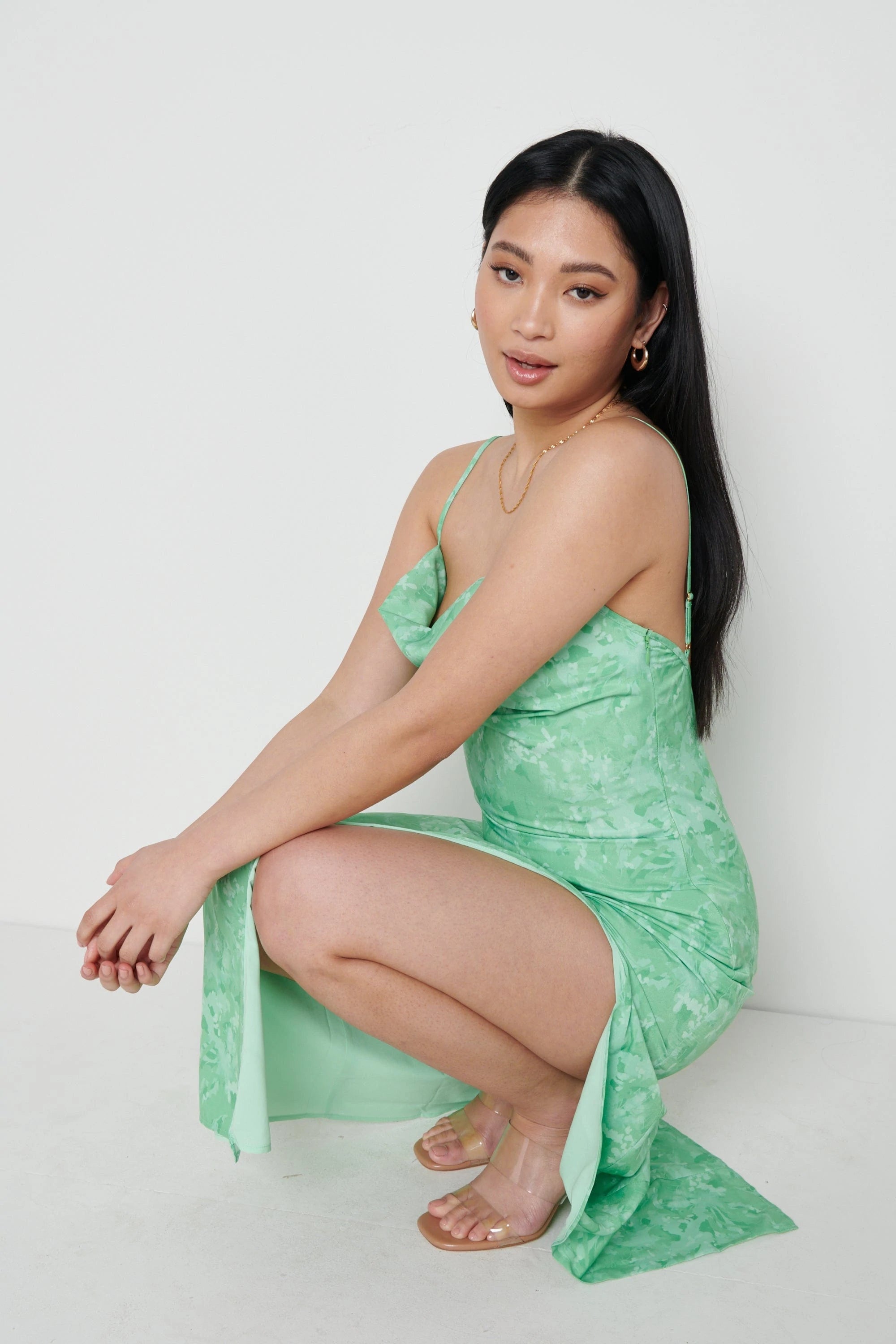 Keisha Midaxi Dress for Women - Flowy Green Maxi Dress with Long Sleeves & Side Slits | Perfect for Summer Beach, Vacation, and Casual Outings