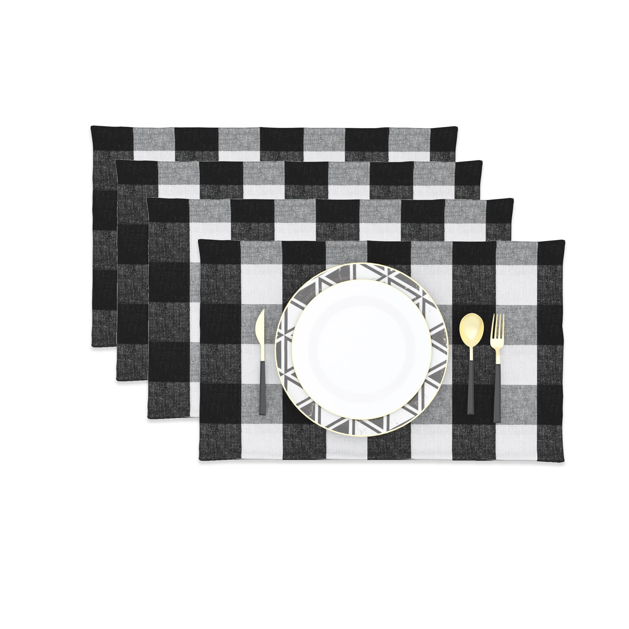 Black and White Cotton Buffalo Check Placemats Set of 4 - Heat Resistant 12x18 Inch Table Mats for Dining & Kitchen - Perfect for Holiday Dinners, Casual Meals, and Home Decor
