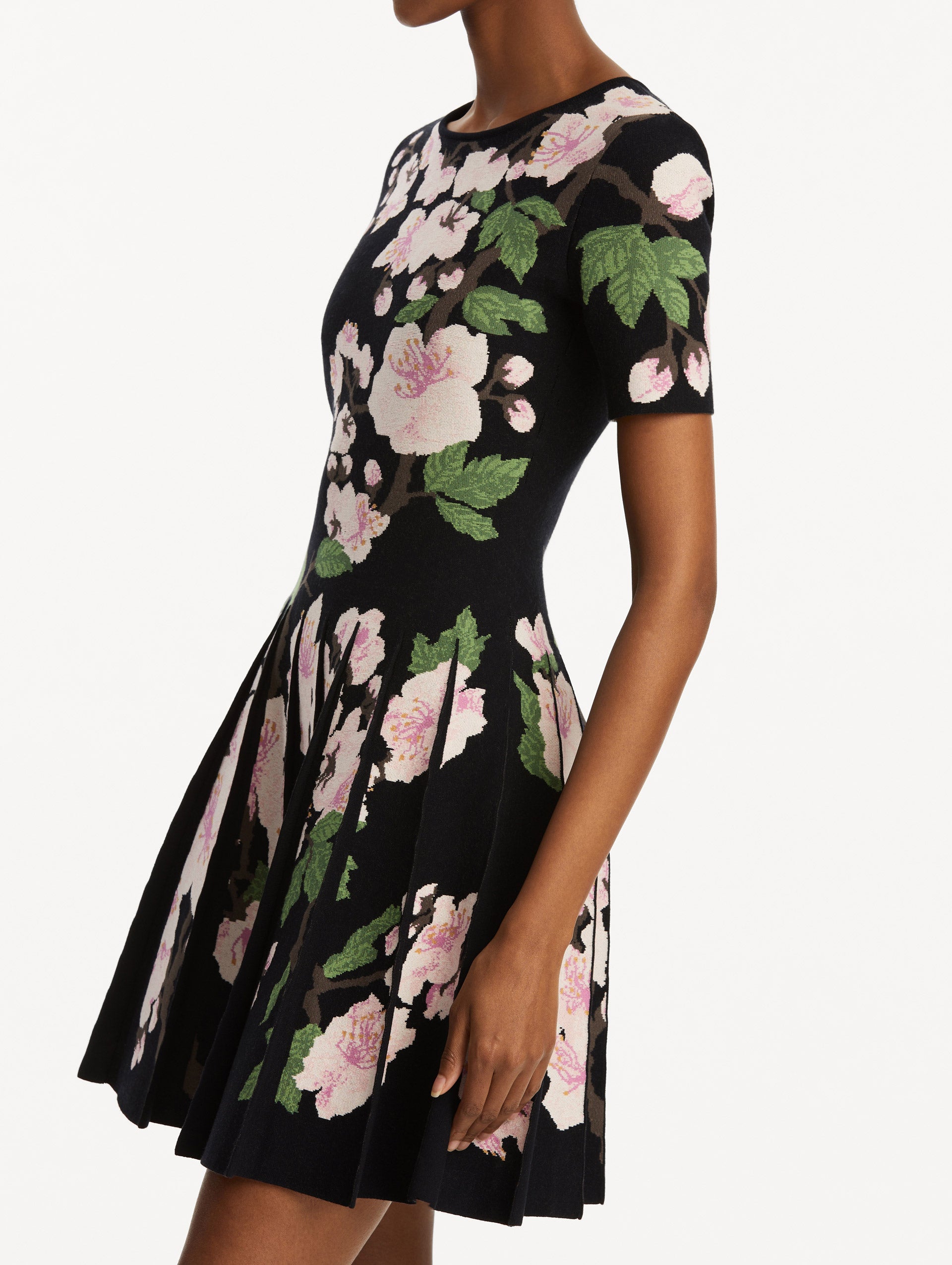 Elegant Cherry Blossom Pleated Jacquard Dress for Women - Floral Print Party & Wedding Guest Dress - Spring Summer Formal Occasion Wear