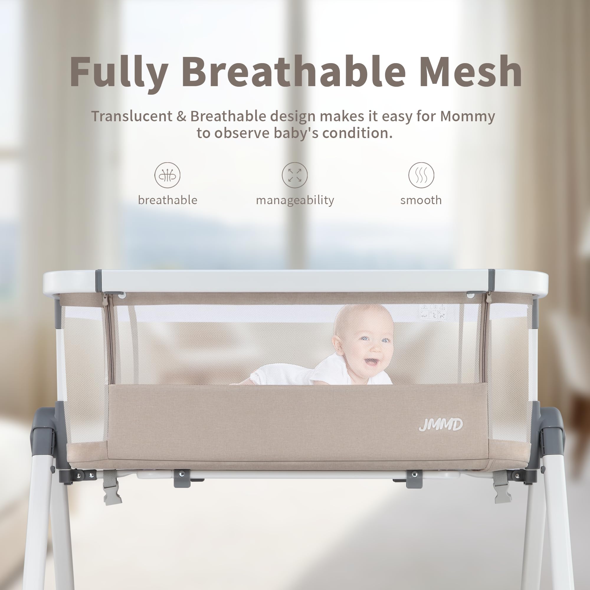 JMMD 3-in-1 Adjustable Baby Bassinet Bedside Sleeper - 6 Height Levels, Foldable & Portable Crib for Newborns & Infants (Khaki) | Perfect for Nursery, Bedroom Co-Sleeping & Travel