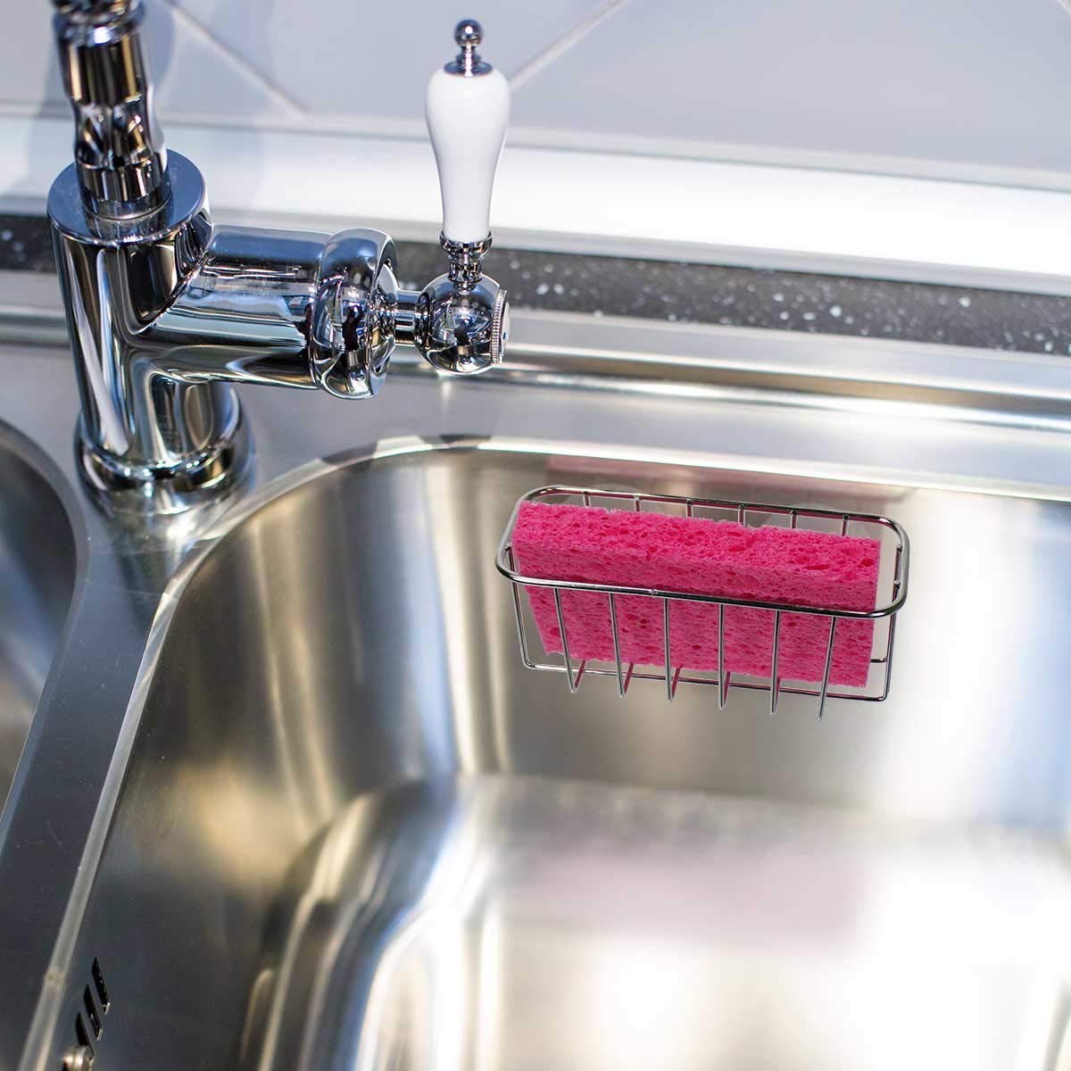 Stainless Steel Sink Caddy Organizer with Strong Suction Cups - 2 Pack Sponge & Soap Holder for Kitchen, Bathroom - Rustproof & Space Saving Storage Solution
