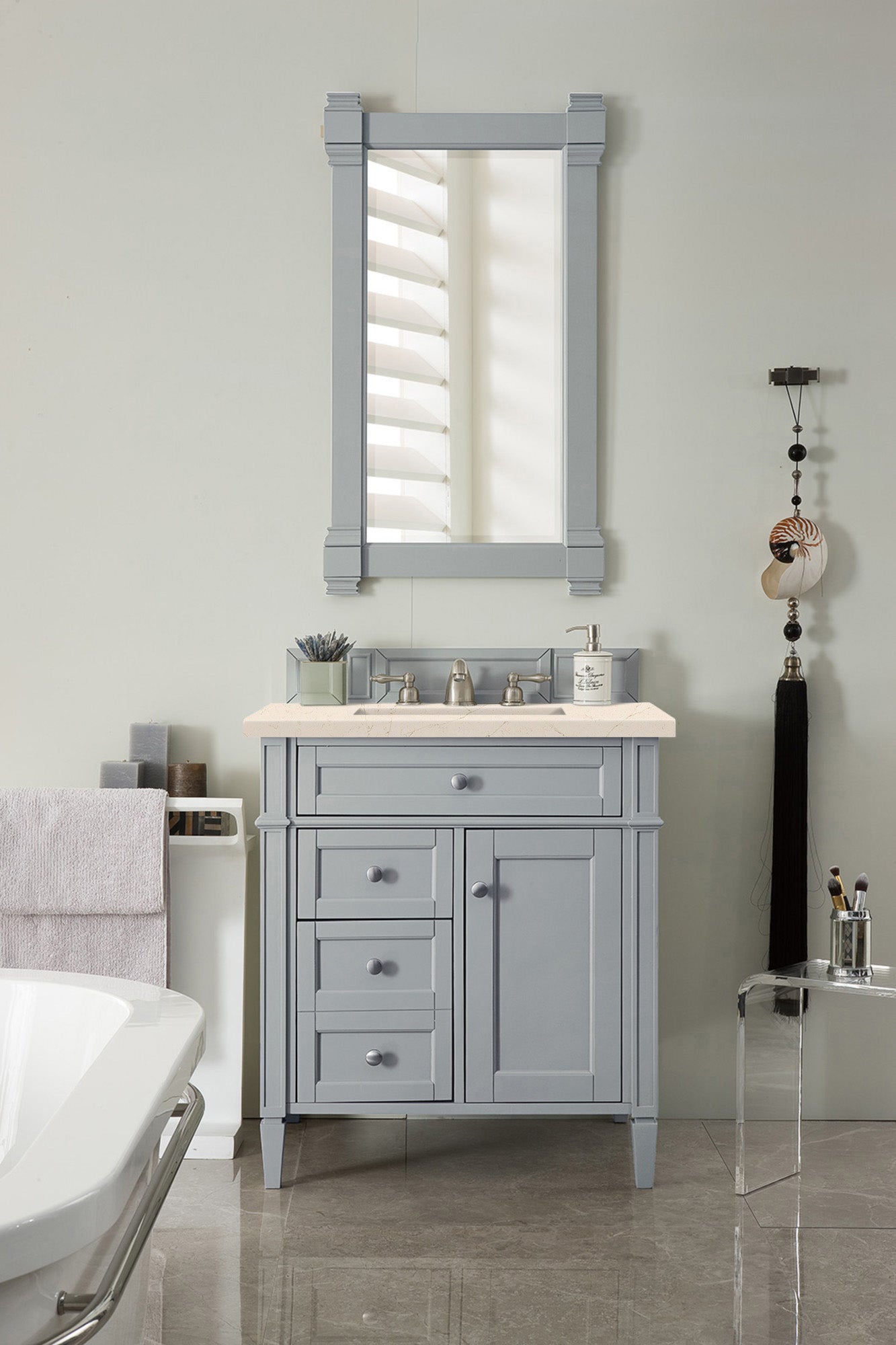 Brittany 30 Inch Single Bathroom Vanity Set with Eternal Marfil Quartz Top in Urban Gray - Perfect for Modern Master Bathrooms & Powder Rooms