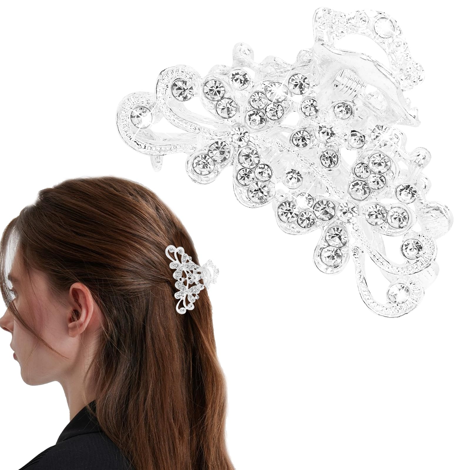 Sparkly Rhinestone Hair Claw Clips for Women - Silver Mini Diamond Crystal Glitter Hair Clips (2.36 inch) - Perfect for Parties, Weddings & Everyday Glam Accessories