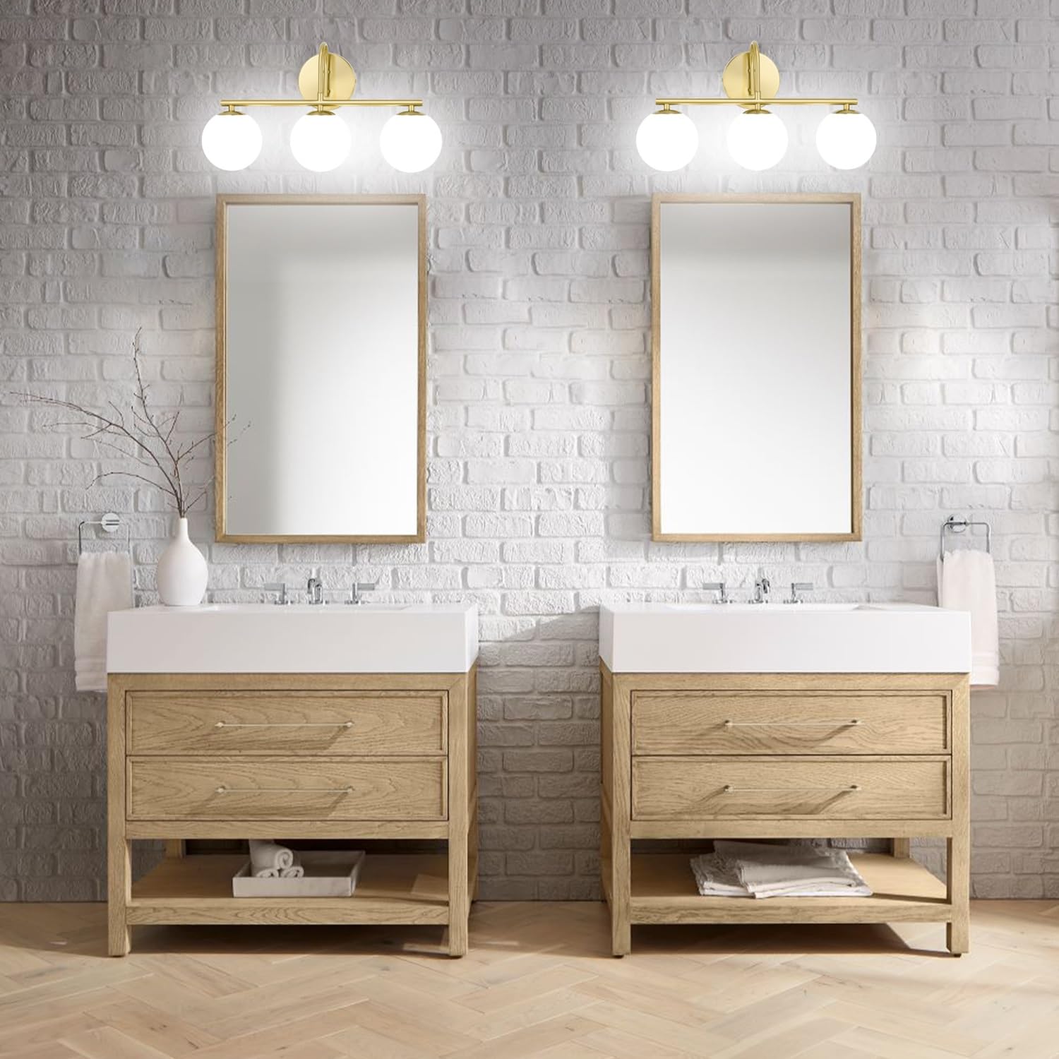 Modern Gold Bathroom Vanity Lights - 3-Light Brushed Gold Wall Sconces with Globe Glass Shade for Mirror Lighting | Waterproof Bathroom Fixtures for Home & Hotel Decor