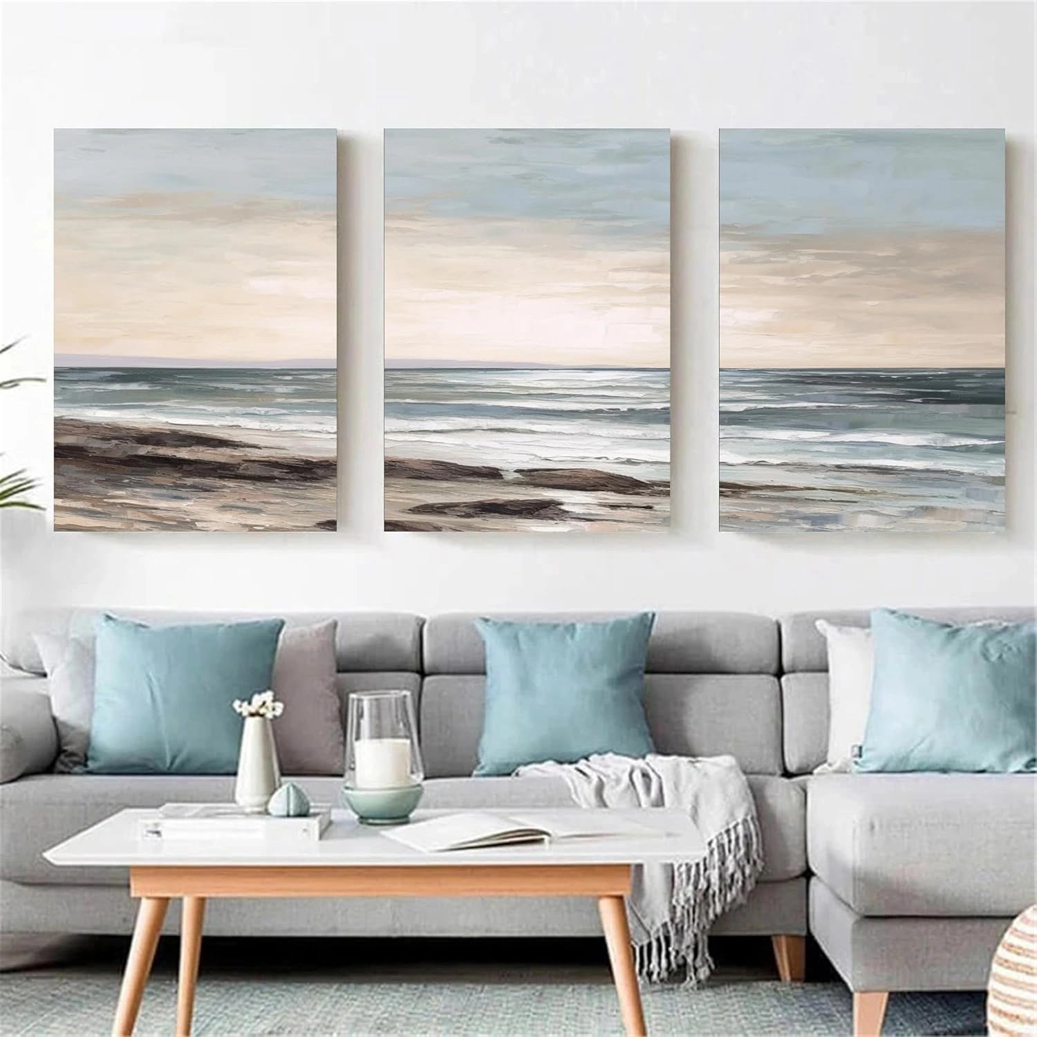 Ocean and Sky Painting Set of 3 - Coastal Wall Art Decor for Living Room, Bedroom, Office - Modern Abstract Seascape Canvas Prints (OS-263)