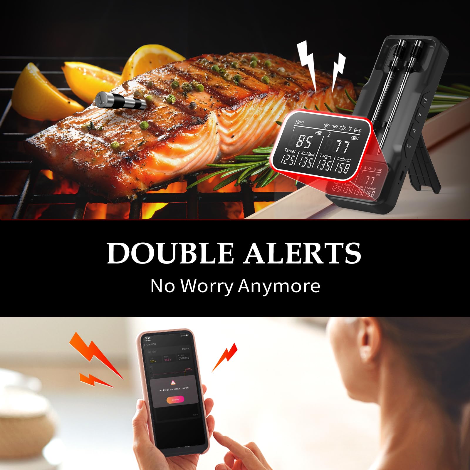 800FT Smart Wireless Meat Thermometer with Digital Probe - Bluetooth BBQ Thermometer for Grilling, Smoking & Oven Cooking - App Controlled with Dual Probes (Perfect for Backyard BBQ, Camping & Home Kitchen Use)