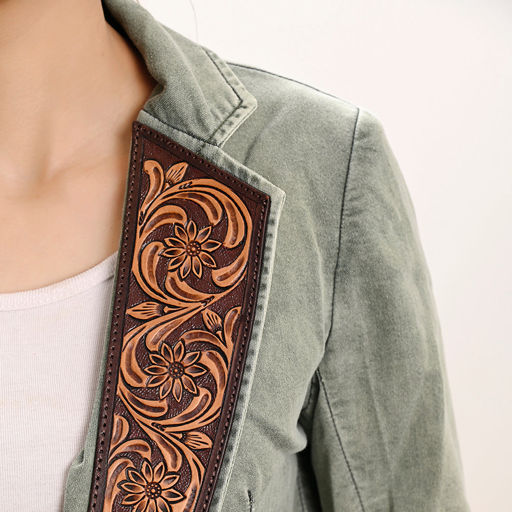 ADBZ023 Genuine Leather Hand-Tooled Women's Denim Blazer Jacket - 100% Cotton Western Style Embroidered Coat for Ladies & Girls | Perfect for Office Wear, Date Nights & Special Occasions