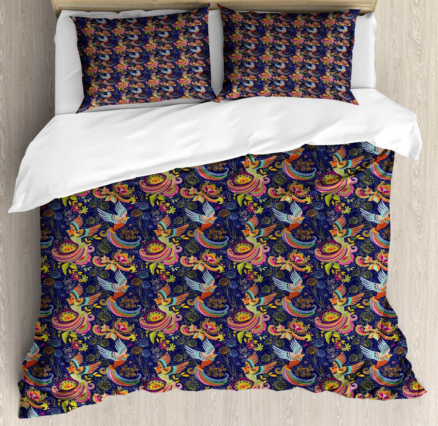 Ambesonne King Size Phoenix Duvet Cover Set - 3 Piece Bedding with 2 Pillow Shams, Multilayered Tail Illustration on Damask Backdrop, Multicolor | Perfect for Master Bedroom, Guest Room & Bohemian Home Decor