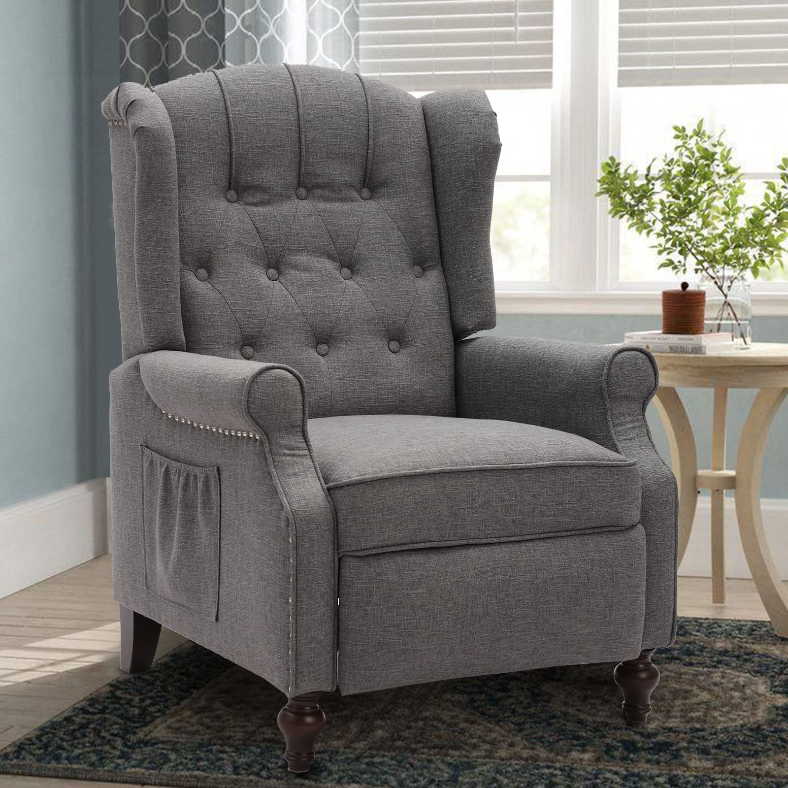 IPKIG Heated Massage Recliner Chair - Tufted Wingback Push Back Armchair with Side Pockets, Grey - Perfect for Living Room, Bedroom & Home Office Relaxation