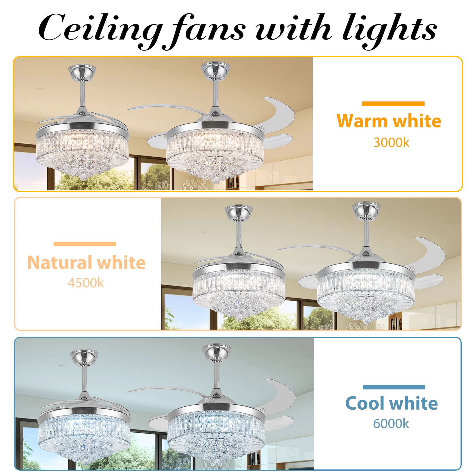 36'' Silver Retractable Crystal Chandelier Fan with Light - Remote Control, Dimmable, Reversible Blades - Perfect for Dining Room, Living Room & Bedroom Ceiling Decor | Elegant Cooling & Lighting Solution for Home & Office